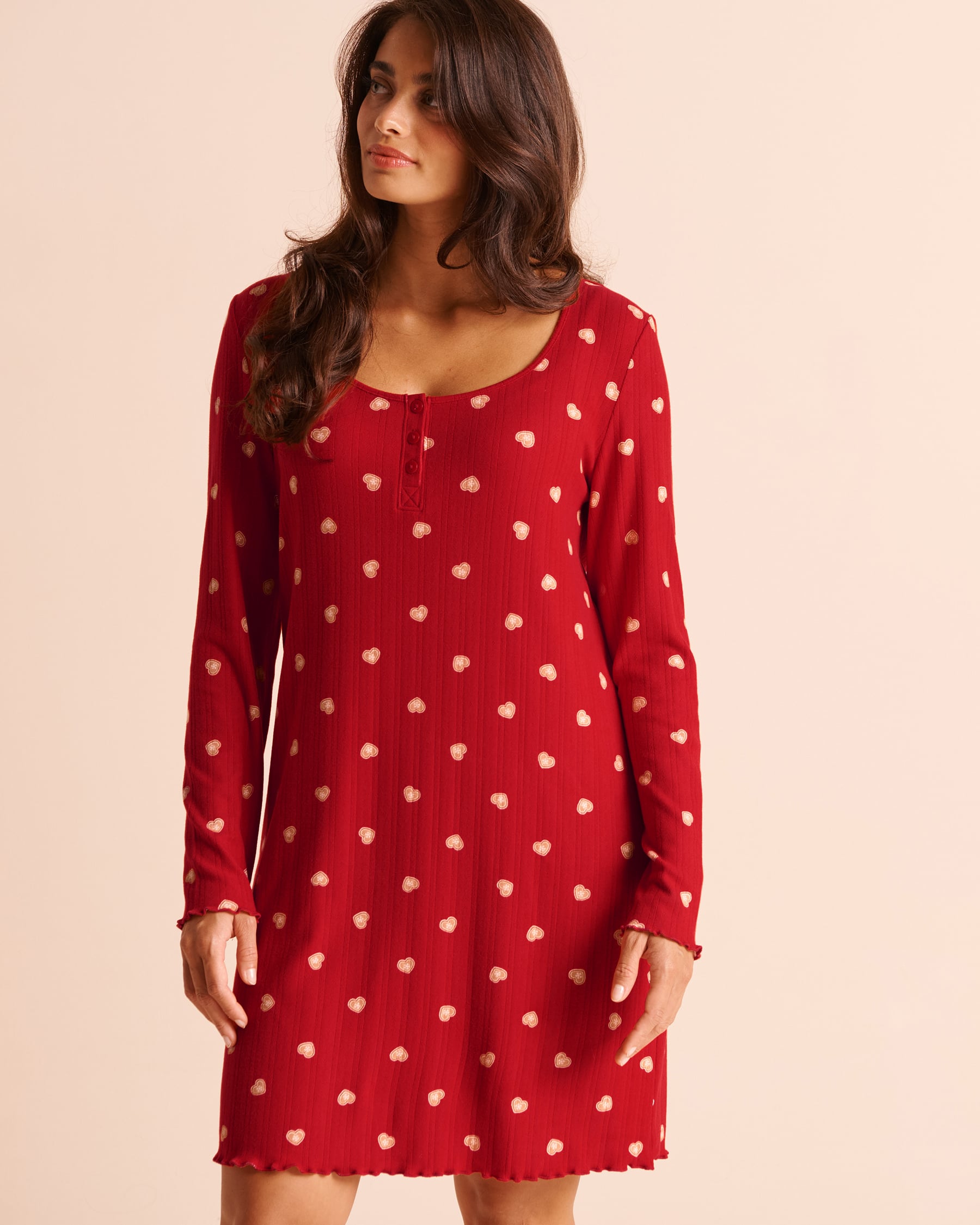 LA VIE EN ROSE Chemise de nuit manches longues en pointelle brossée imprimé biscuits Rouge/Biscuits 40500523 - View1