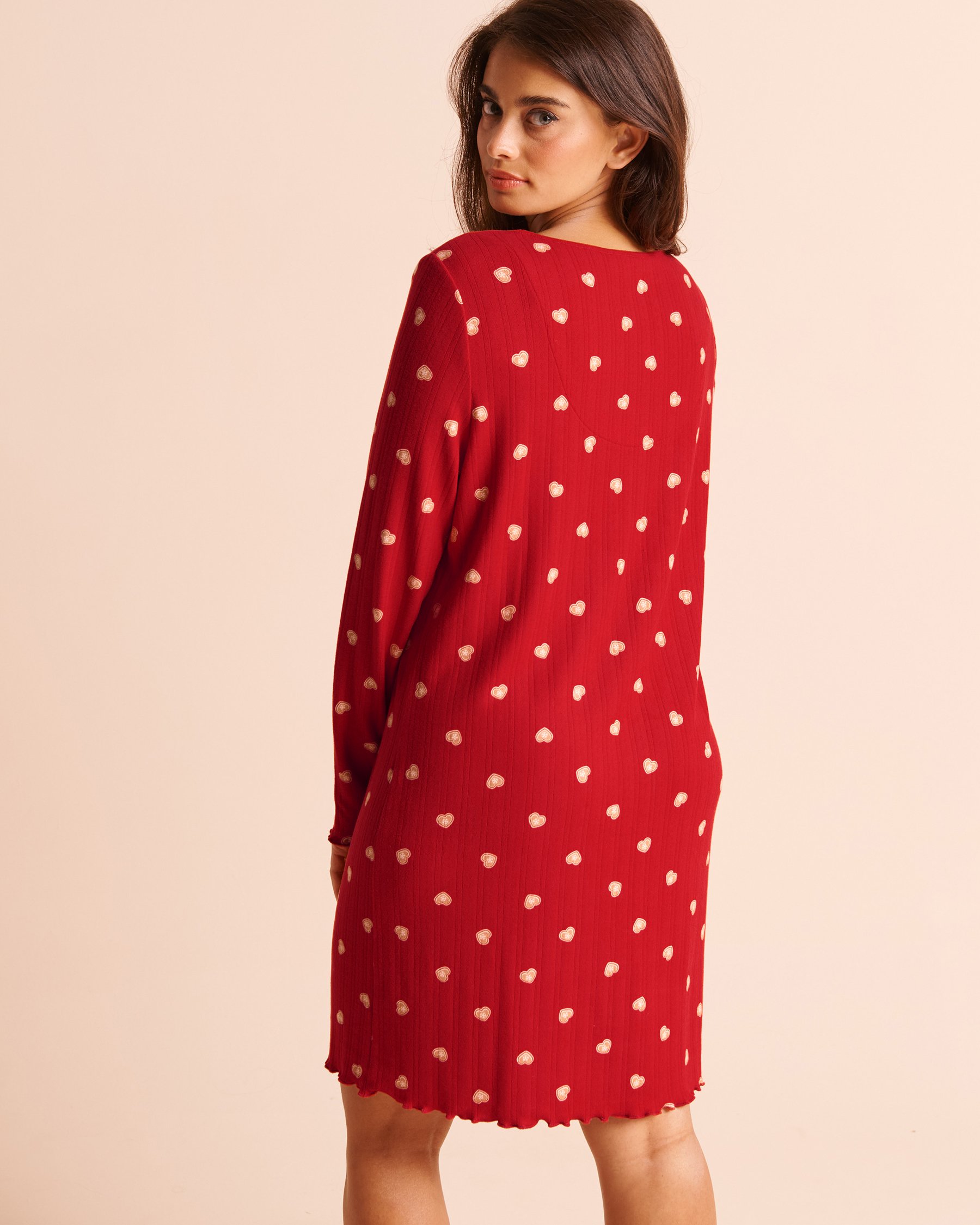 LA VIE EN ROSE Chemise de nuit manches longues en pointelle brossée imprimé biscuits Rouge/Biscuits 40500523 - View2