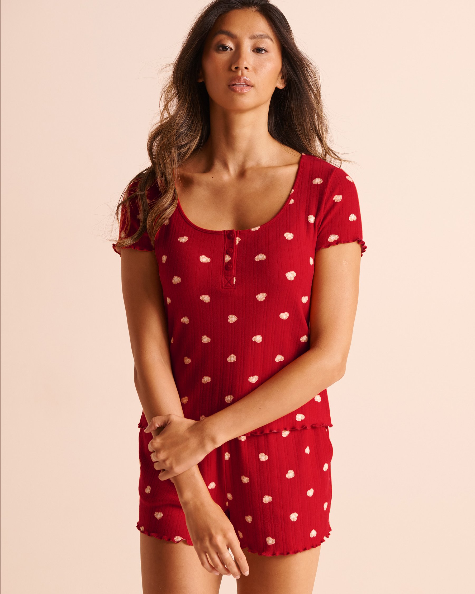 LA VIE EN ROSE Cookie Print Brushed Pointelle Short Sleeve T-shirt Red/Cookies 40100934 - View1