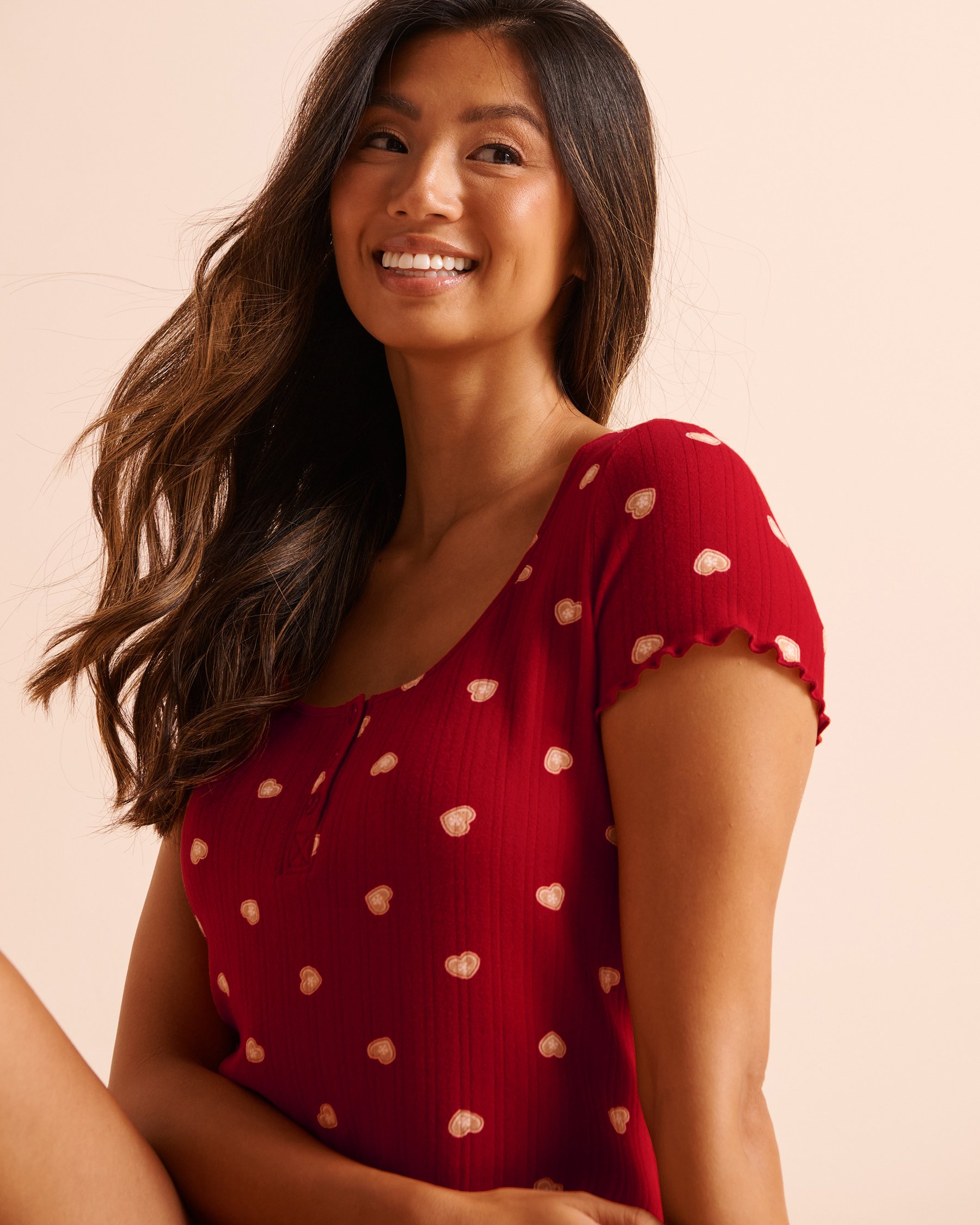 LA VIE EN ROSE Cookie Print Brushed Pointelle Short Sleeve T-shirt Red/Cookies 40100934 - View3