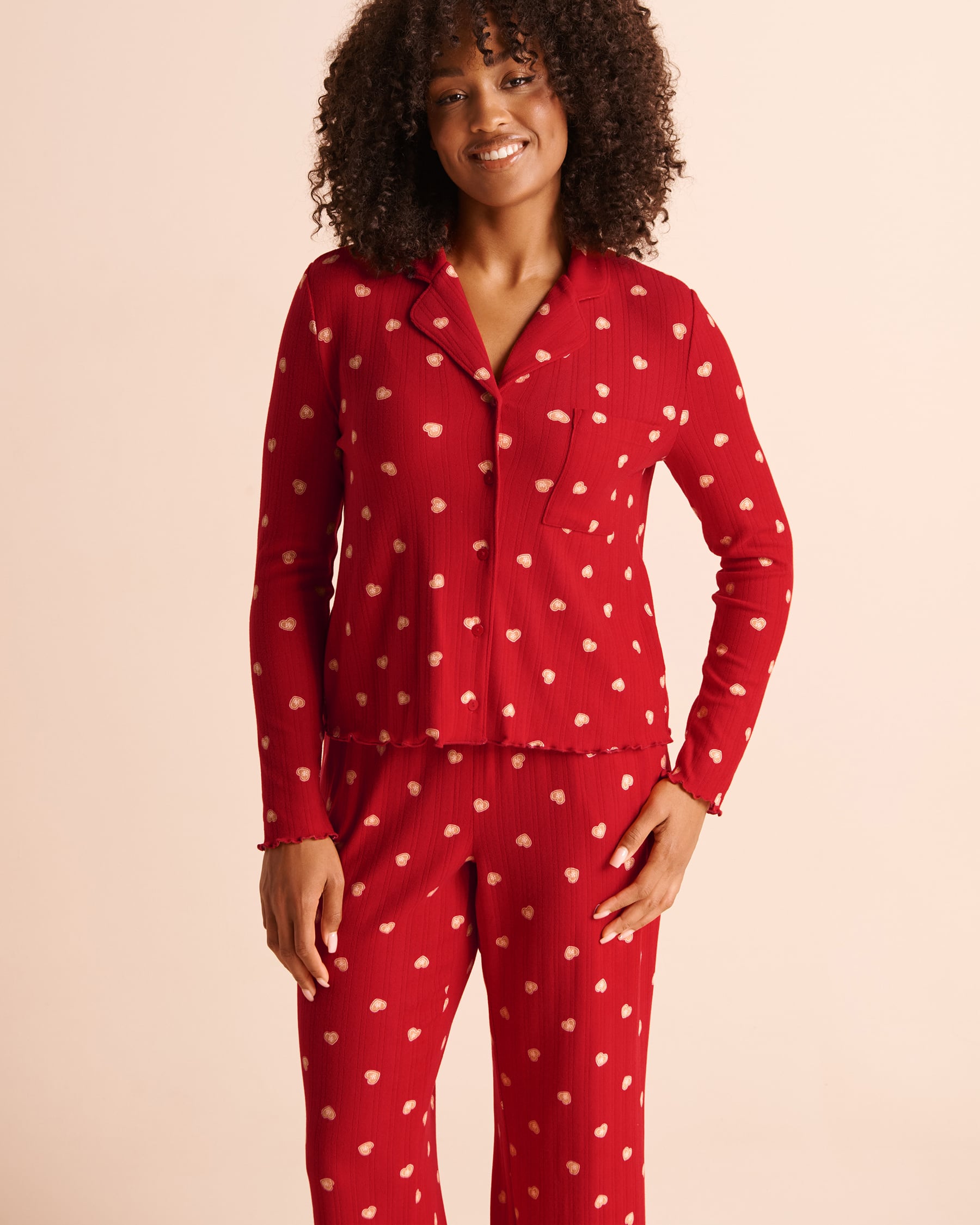 LA VIE EN ROSE Cookie Print Brushed Pointelle Long Sleeve Button-Down Shirt Red/Cookies 40100935 - View1