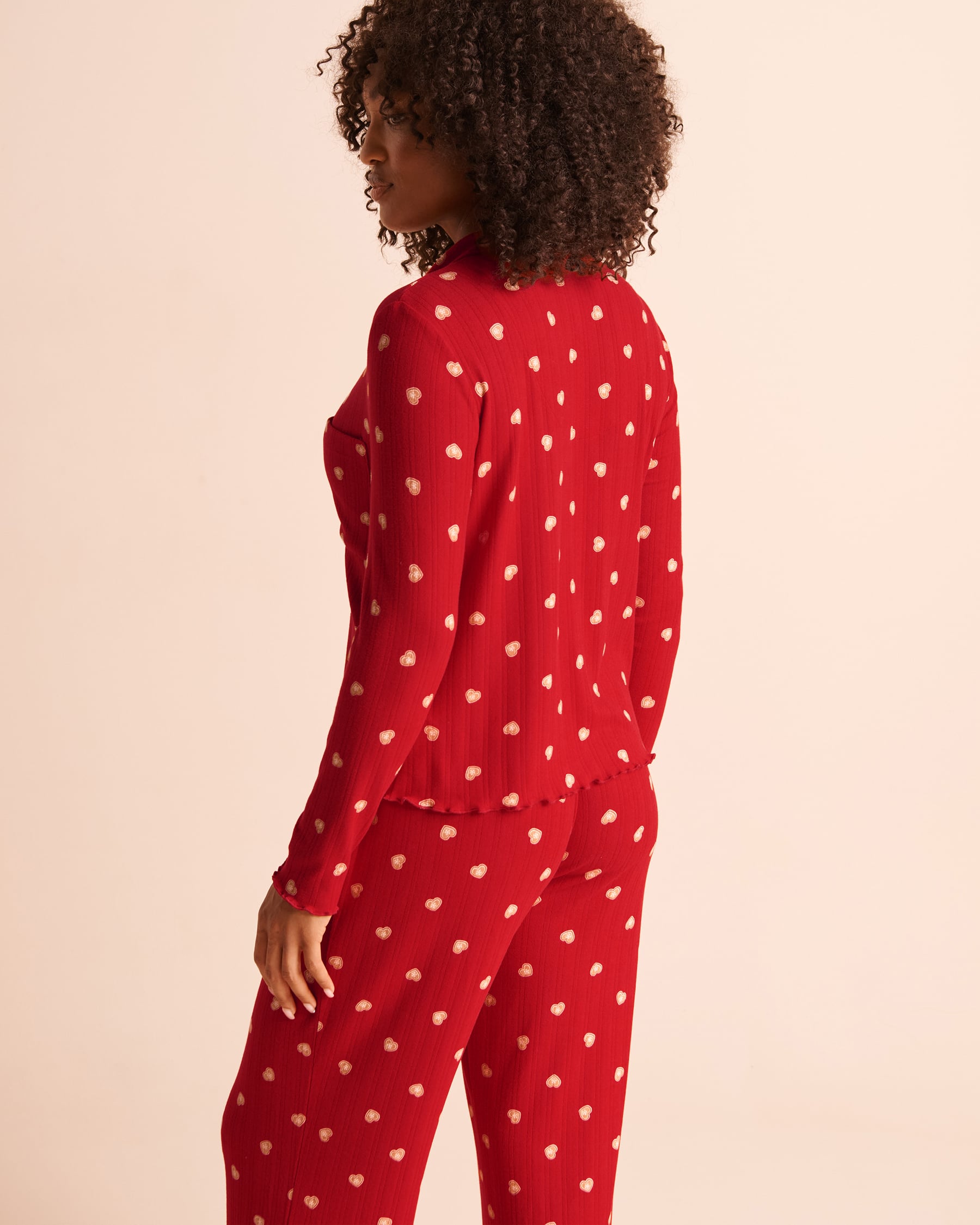LA VIE EN ROSE Cookie Print Brushed Pointelle Long Sleeve Button-Down Shirt Red/Cookies 40100935 - View2