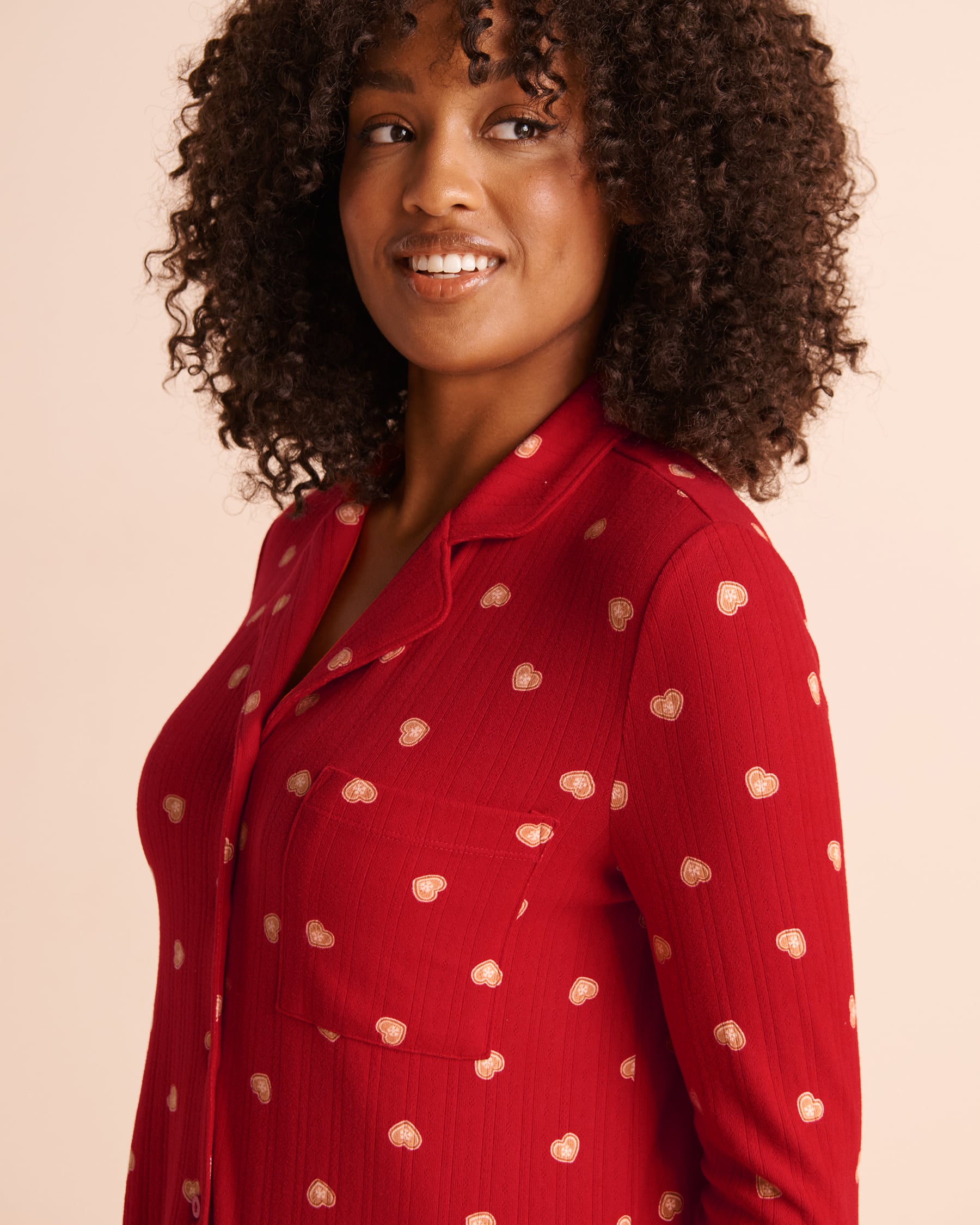 LA VIE EN ROSE Cookie Print Brushed Pointelle Long Sleeve Button-Down Shirt Red/Cookies 40100935 - View3