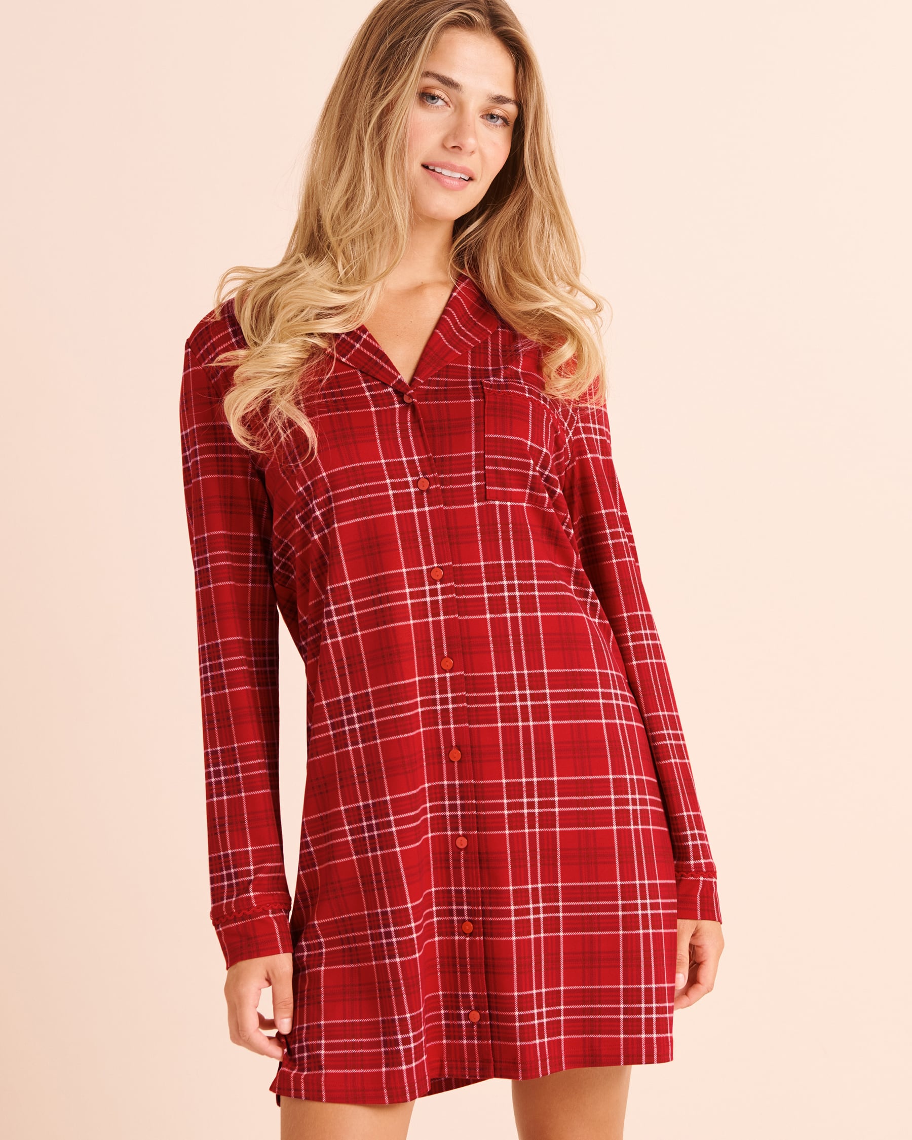 LA VIE EN ROSE Red Plaid Super Soft Long Sleeve Button-down Sleepshirt Red/Plaid 40500507 - View1