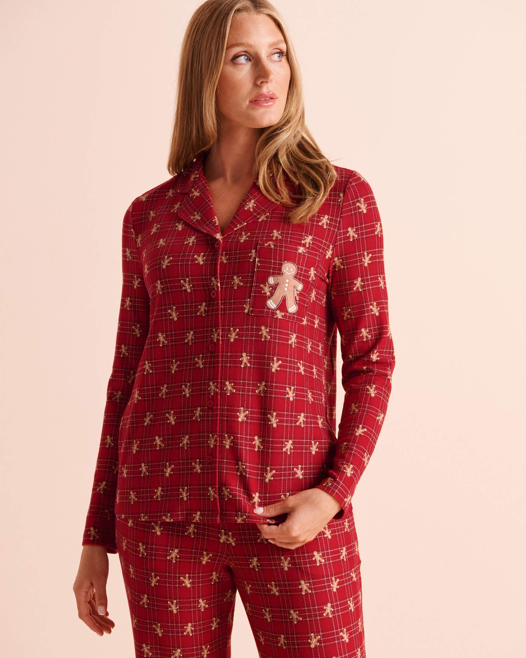 LA VIE EN ROSE Cookie Print Soft Knit Long Sleeve Button-down Shirt Candy Cane Red/Cookies 40100926 - View1