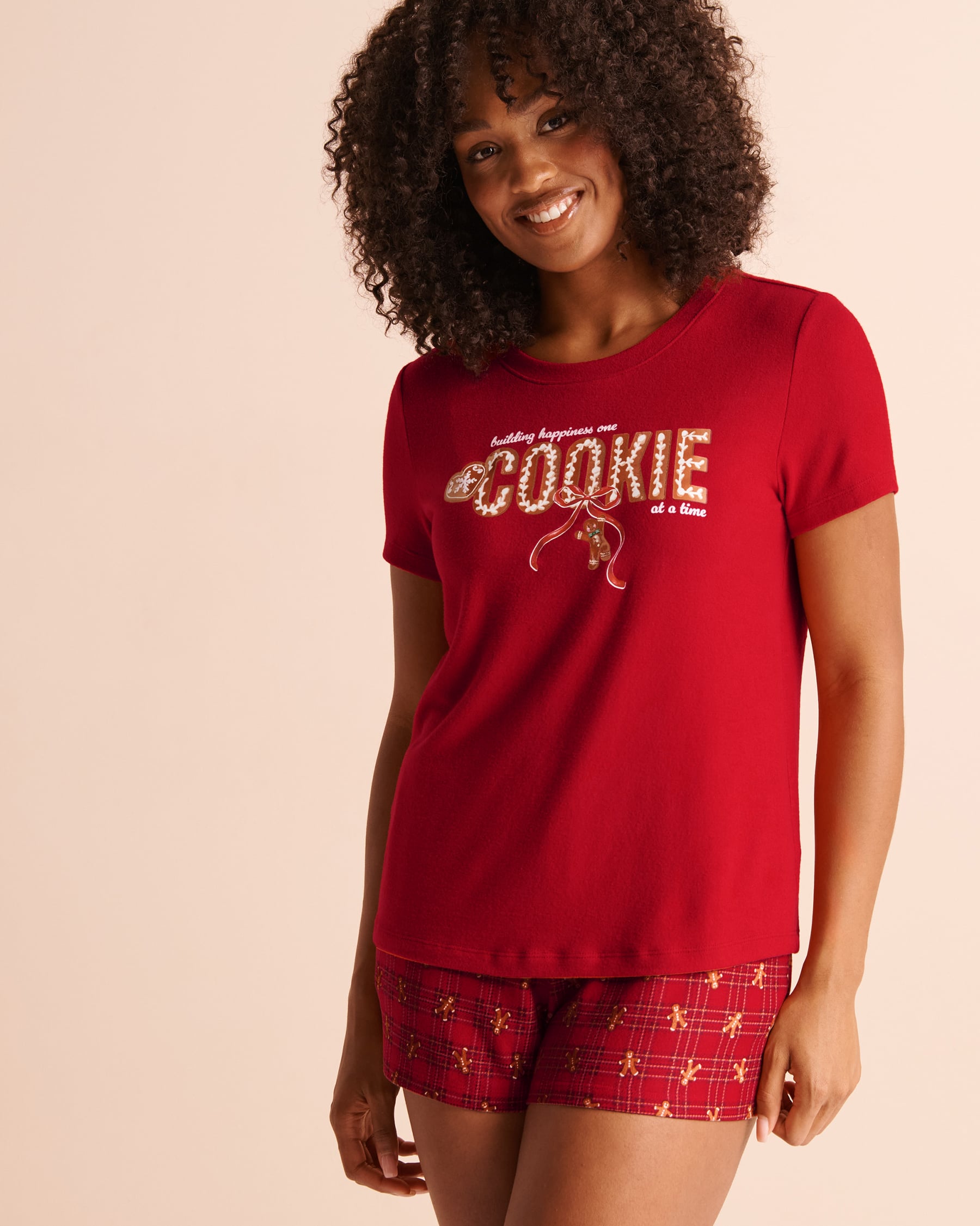 LA VIE EN ROSE Cookie Print Soft Knit Short Sleeve T-shirt Candy Cane Red 40100925 - View1