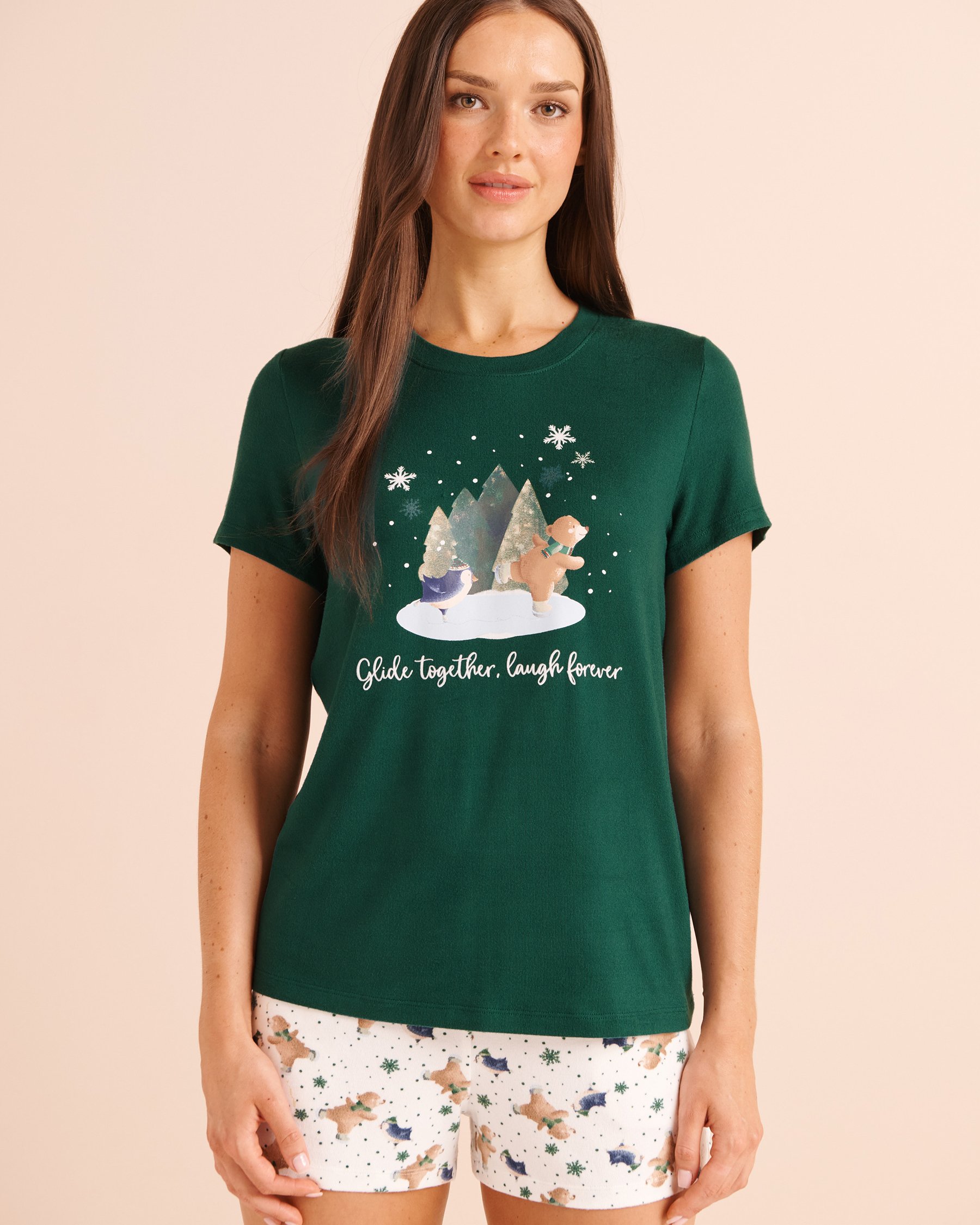 LA VIE EN ROSE Bear & Friends Print Soft Knit Short Sleeve T-shirt Fir Green 40100927 - View1