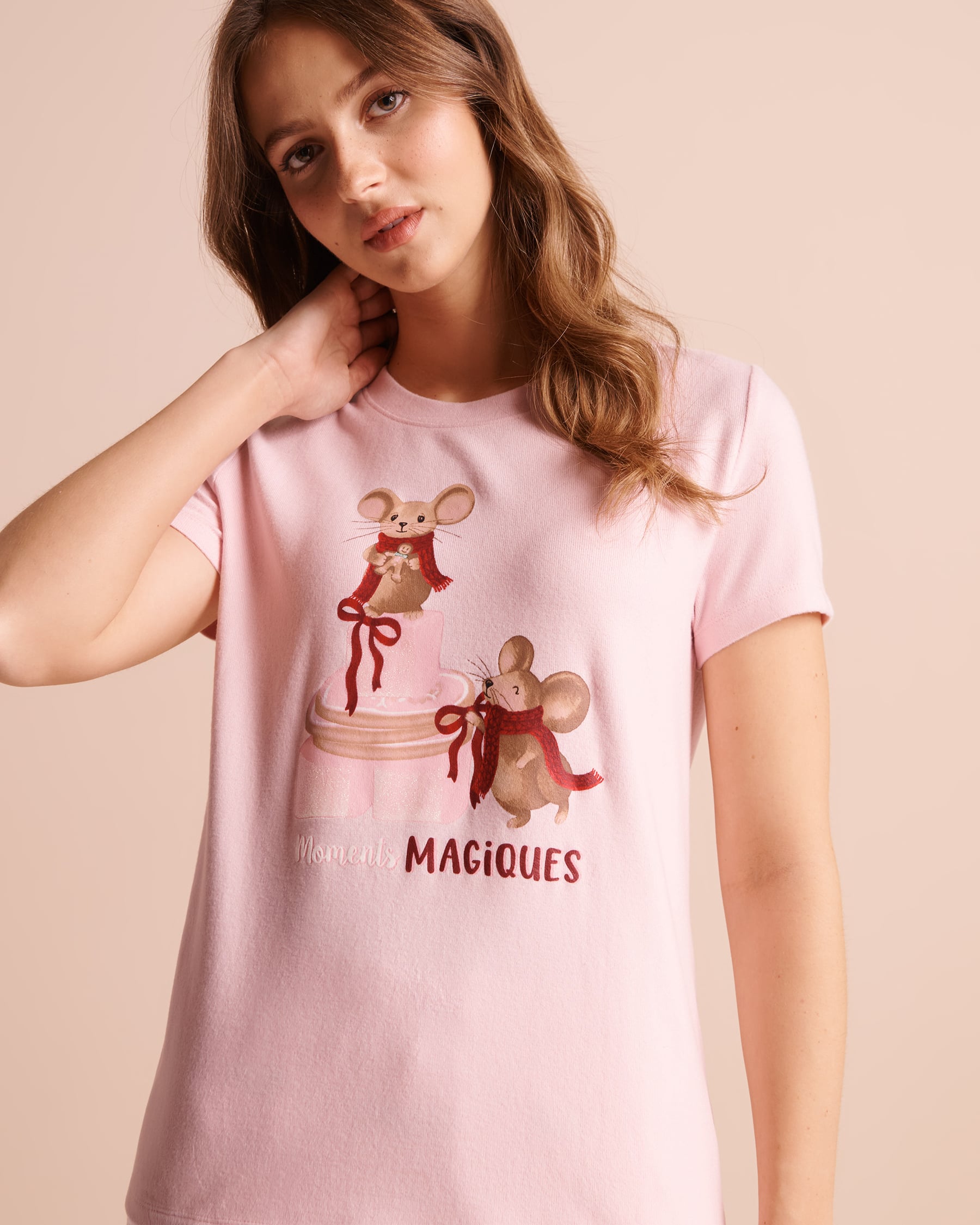LA VIE EN ROSE T-shirt manches courtes en tricot doux imprimé souris Rose givrée 40100929 - View3