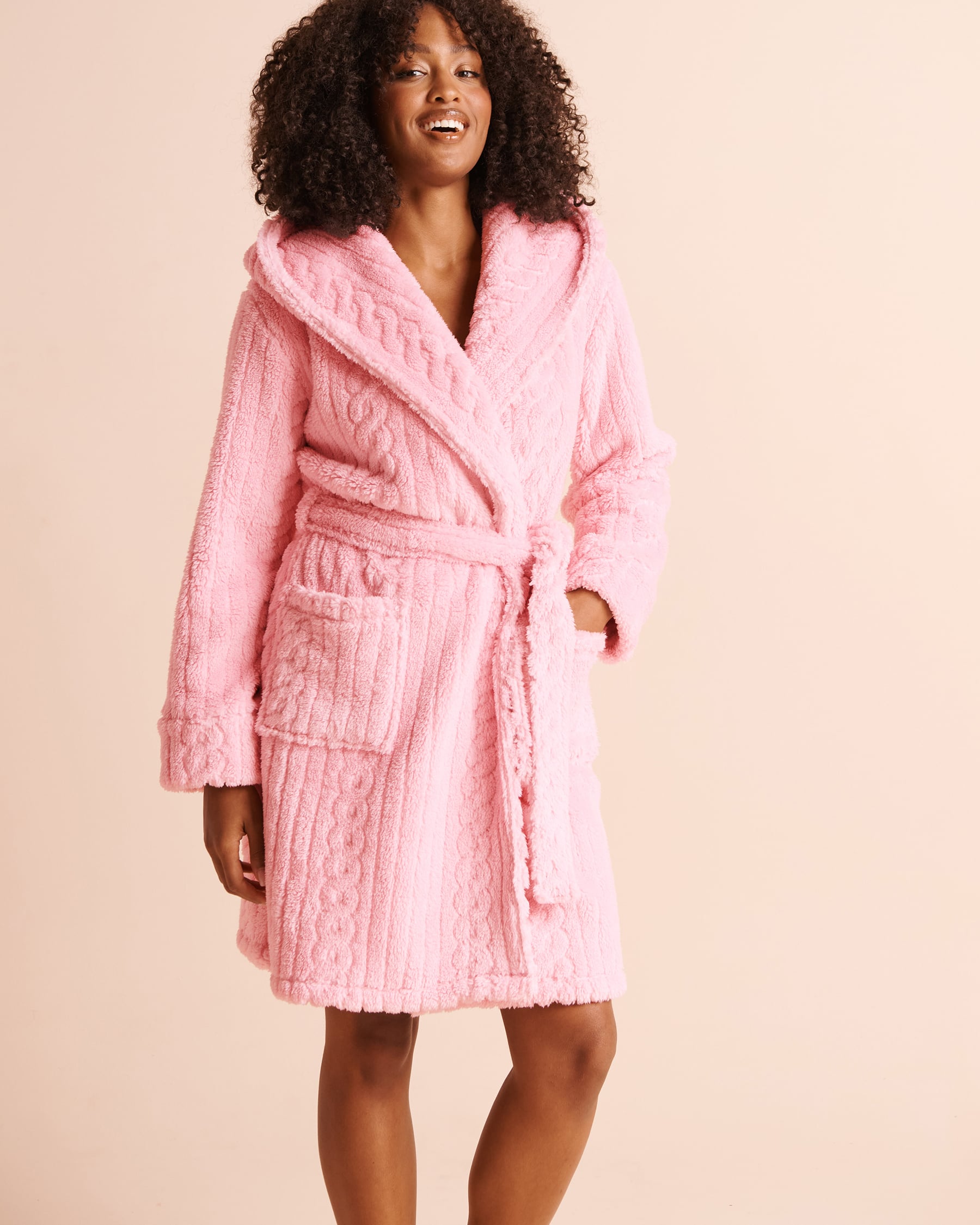 LA VIE EN ROSE Cable-Knit Plush Hooded Robe Pink 40600251 - View1