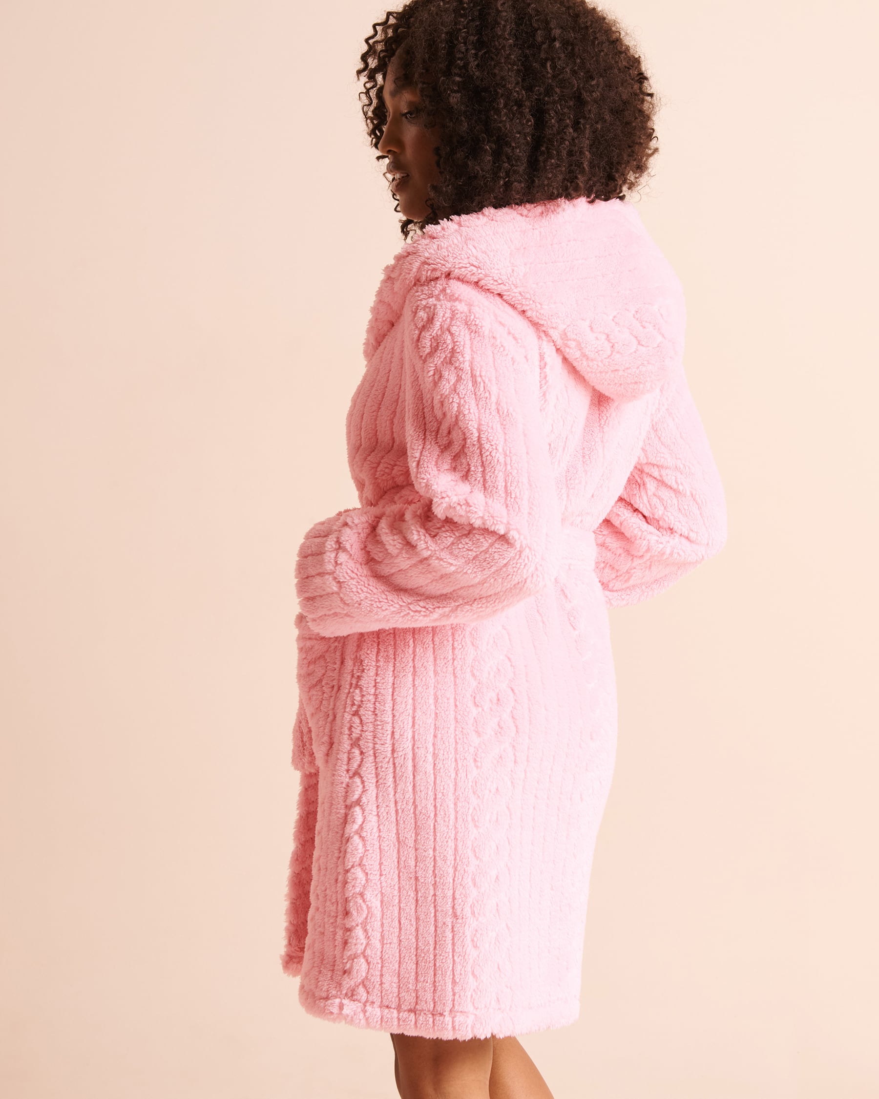 LA VIE EN ROSE Cable-Knit Plush Hooded Robe Pink 40600251 - View2