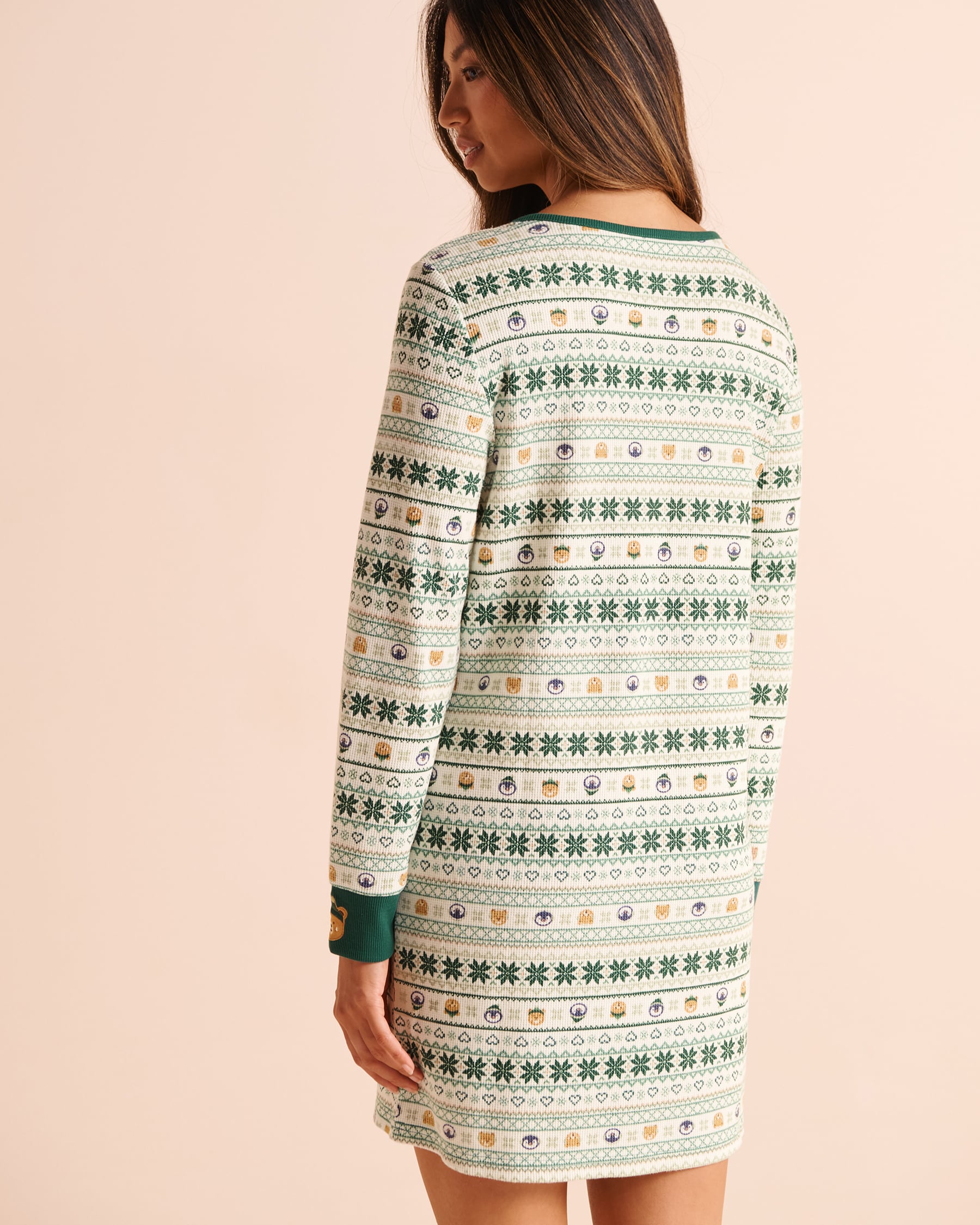 LA VIE EN ROSE Nordic Animals Print Waffle Knit Long Sleeve Sleepshirt Fir Green/Nordic Animals 40500521 - View2