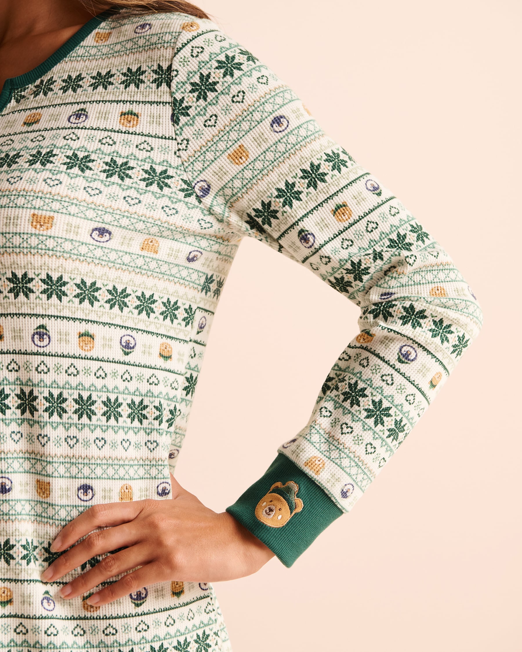 LA VIE EN ROSE Nordic Animals Print Waffle Knit Long Sleeve Sleepshirt Fir Green/Nordic Animals 40500521 - View3