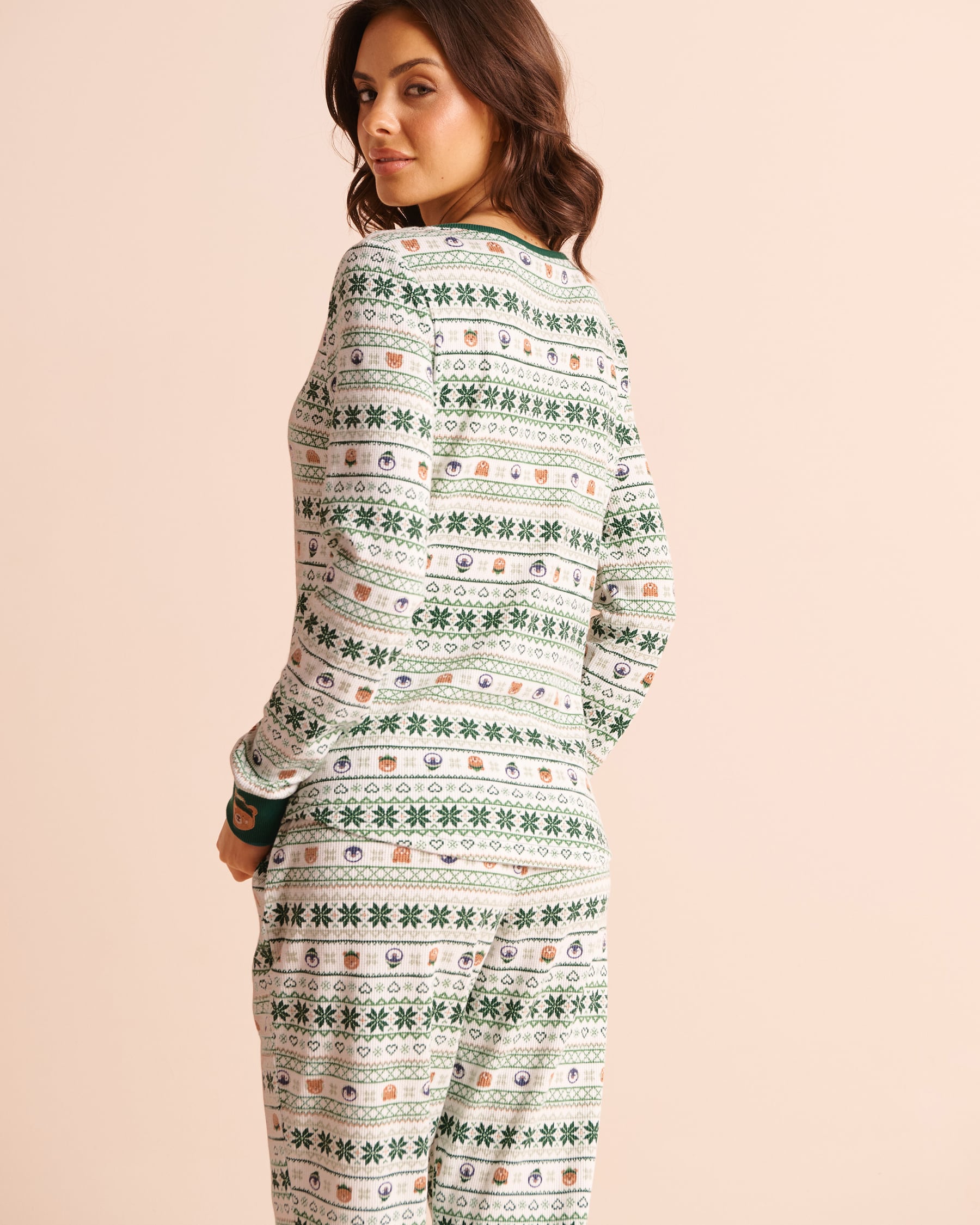 LA VIE EN ROSE Nordic Animals Print Waffle Knit Long Sleeve Top Fir Green/Nordic Animals 40100932 - View2
