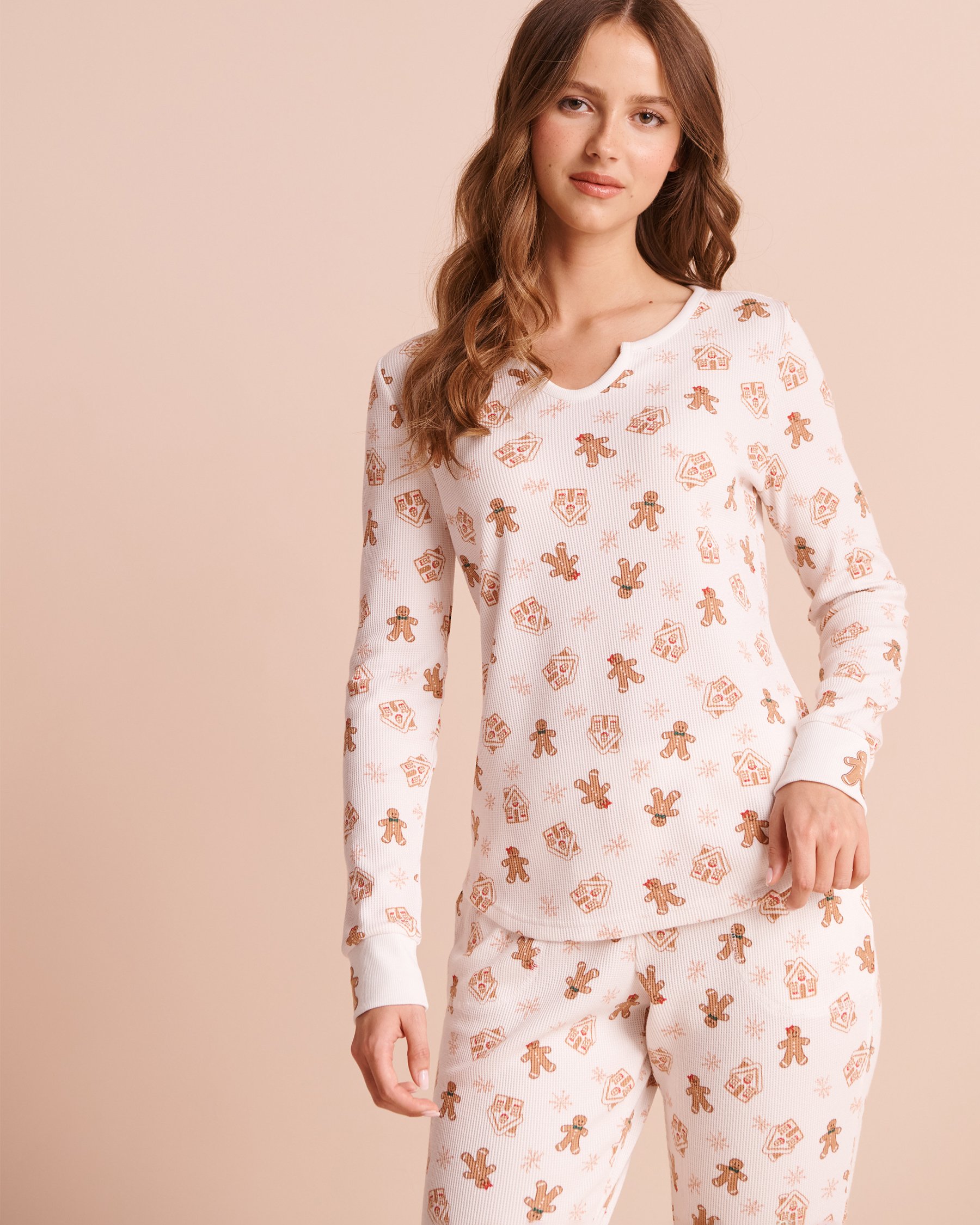 LA VIE EN ROSE Gingerbread Print Waffle Knit Long Sleeve Top White/Gingerbread 40100931 - View1