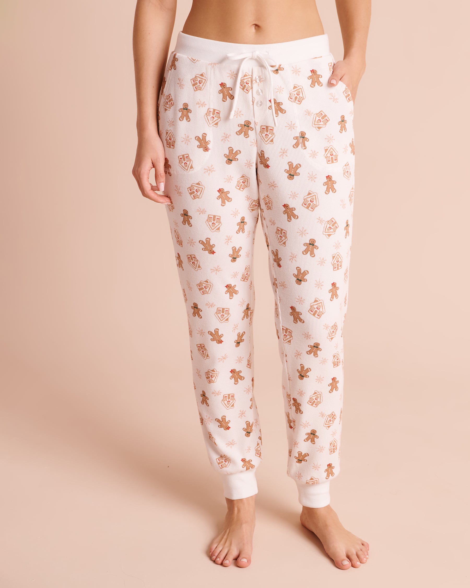 LA VIE EN ROSE Gingerbread Print Waffle Knit Jogger Pajama Pants White/Gingerbread 40200910 - View1