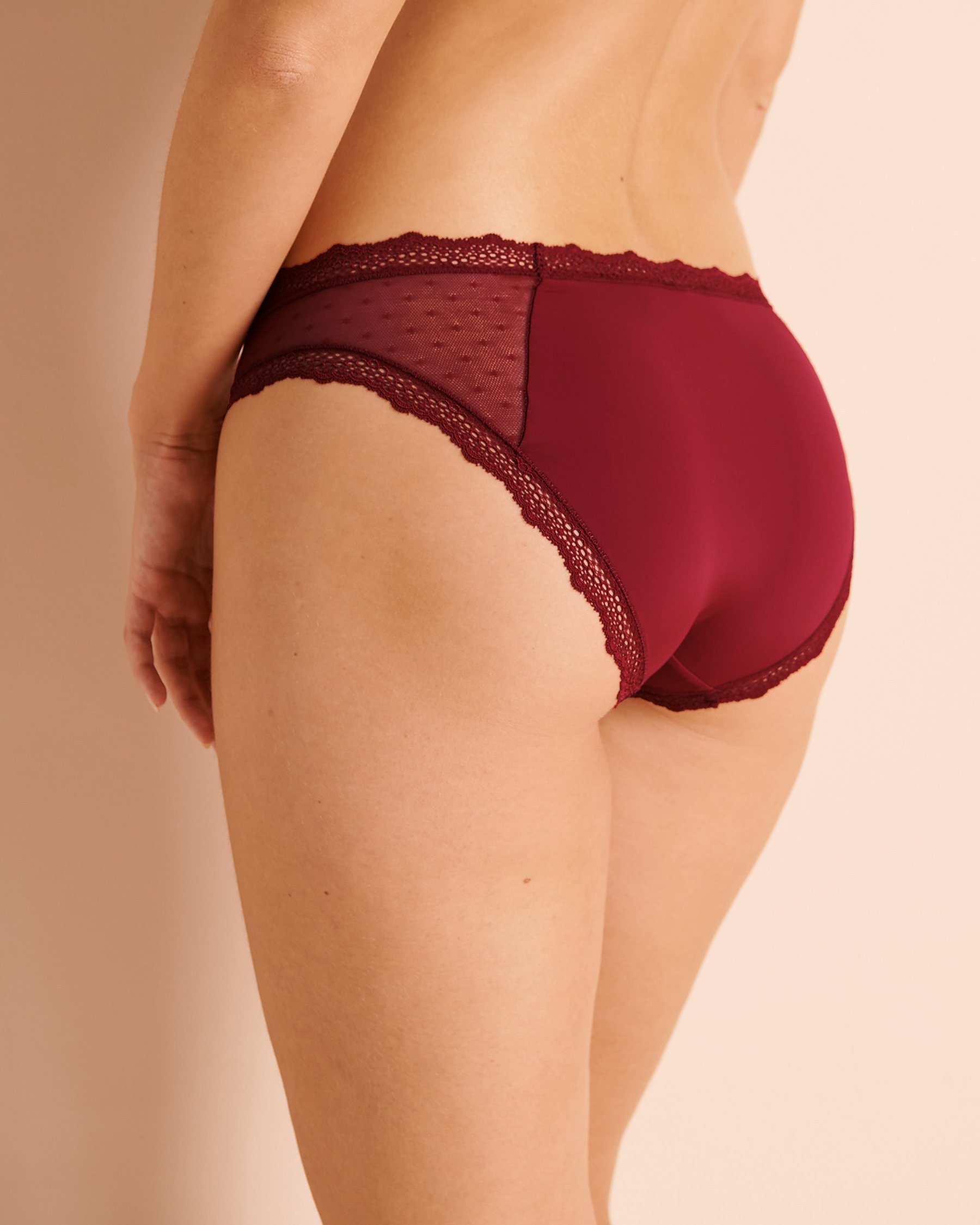 LA VIE EN ROSE Culotte bikini résille et bordure de dentelle Bourgogne 20200887 - Voir2