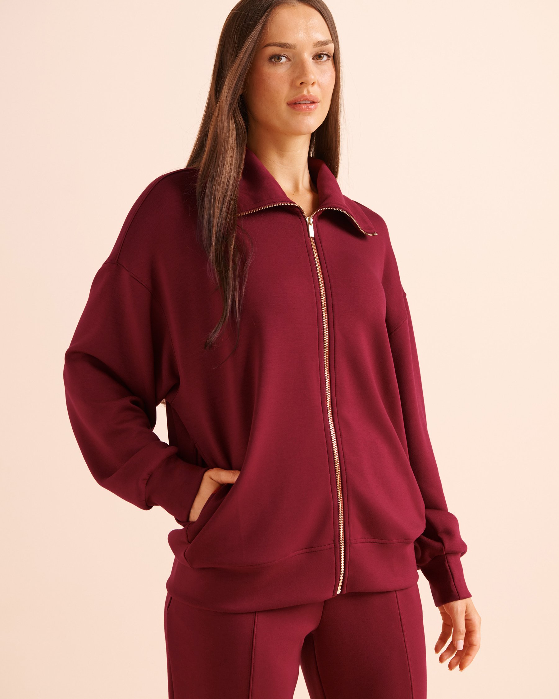 LA VIE EN ROSE Scuba Knit Zip-Up Sweatshirt Burgundy 50100148 - View1