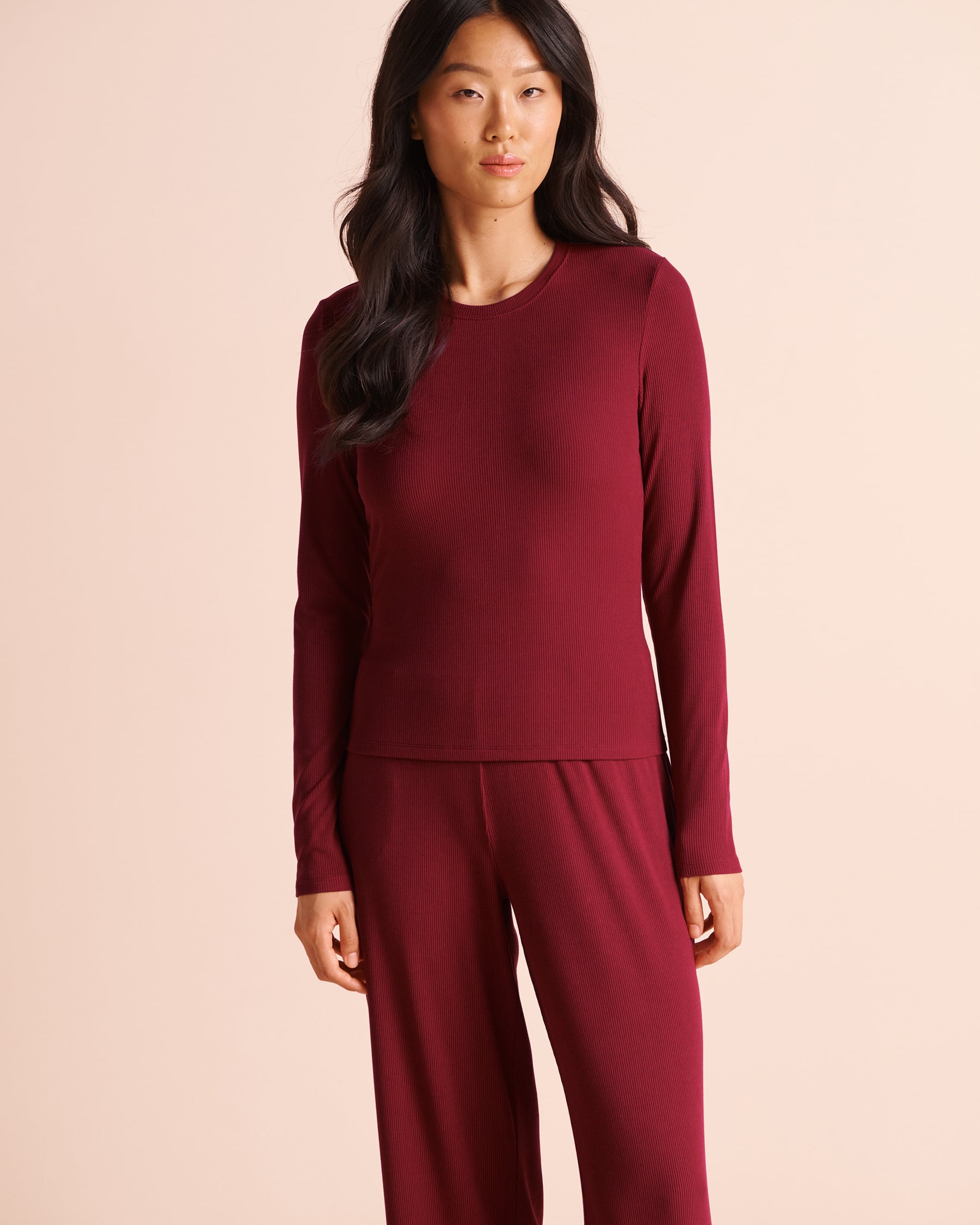 LA VIE EN ROSE Ribbed Modal Long Sleeve Shirt Deep Red 50100151 - View1