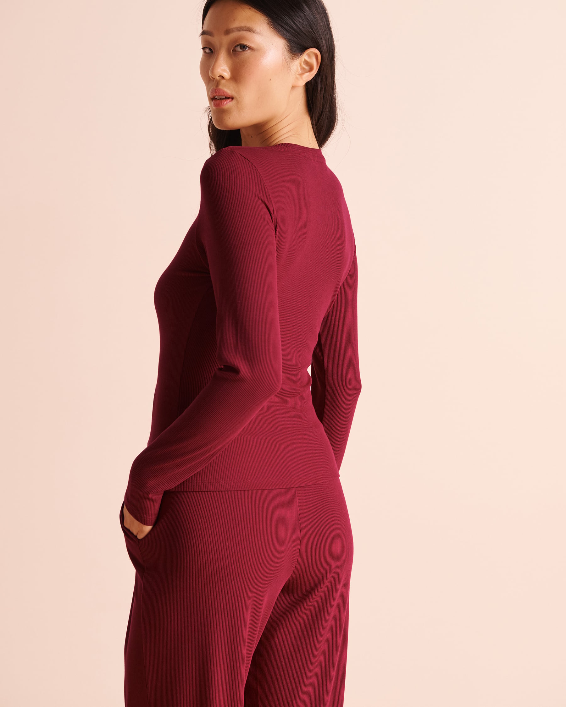 LA VIE EN ROSE Ribbed Modal Long Sleeve Shirt Deep Red 50100151 - View2
