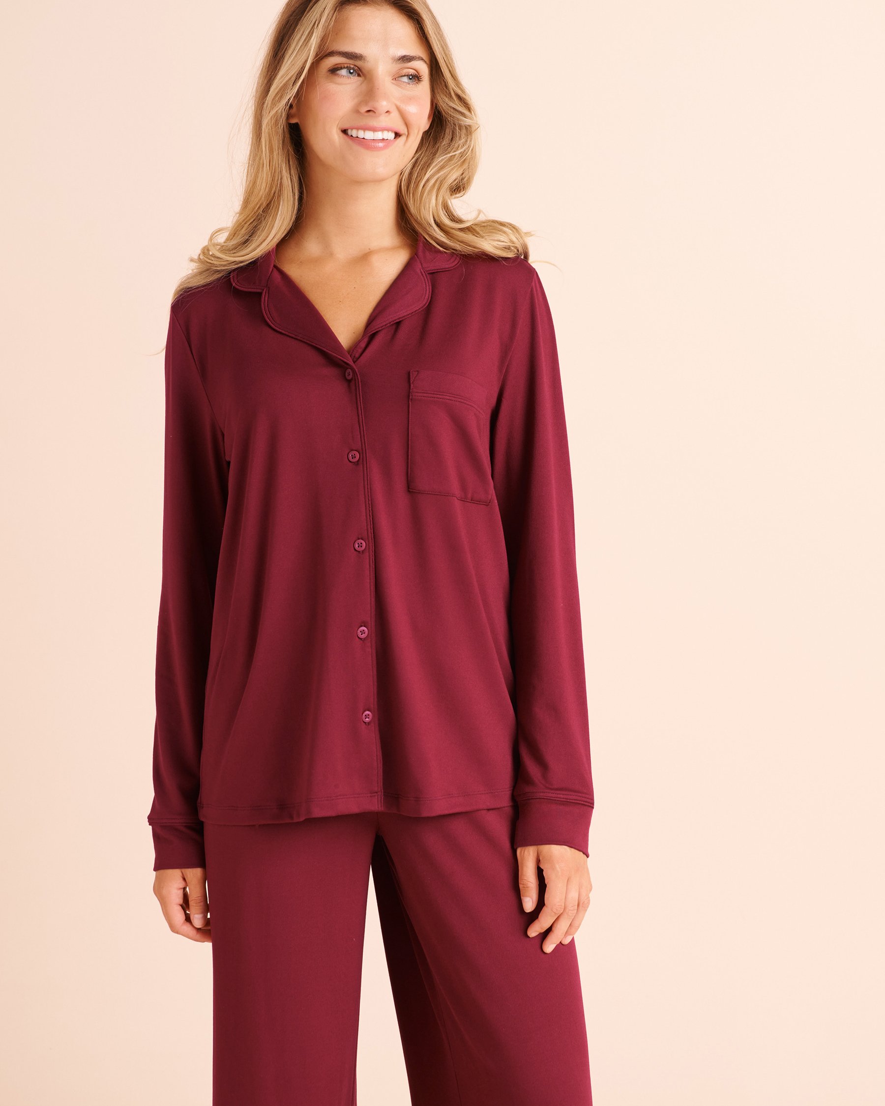 LA VIE EN ROSE Super Soft Long Sleeve Button-Down Shirt Merry Burgundy 40100922 - View1