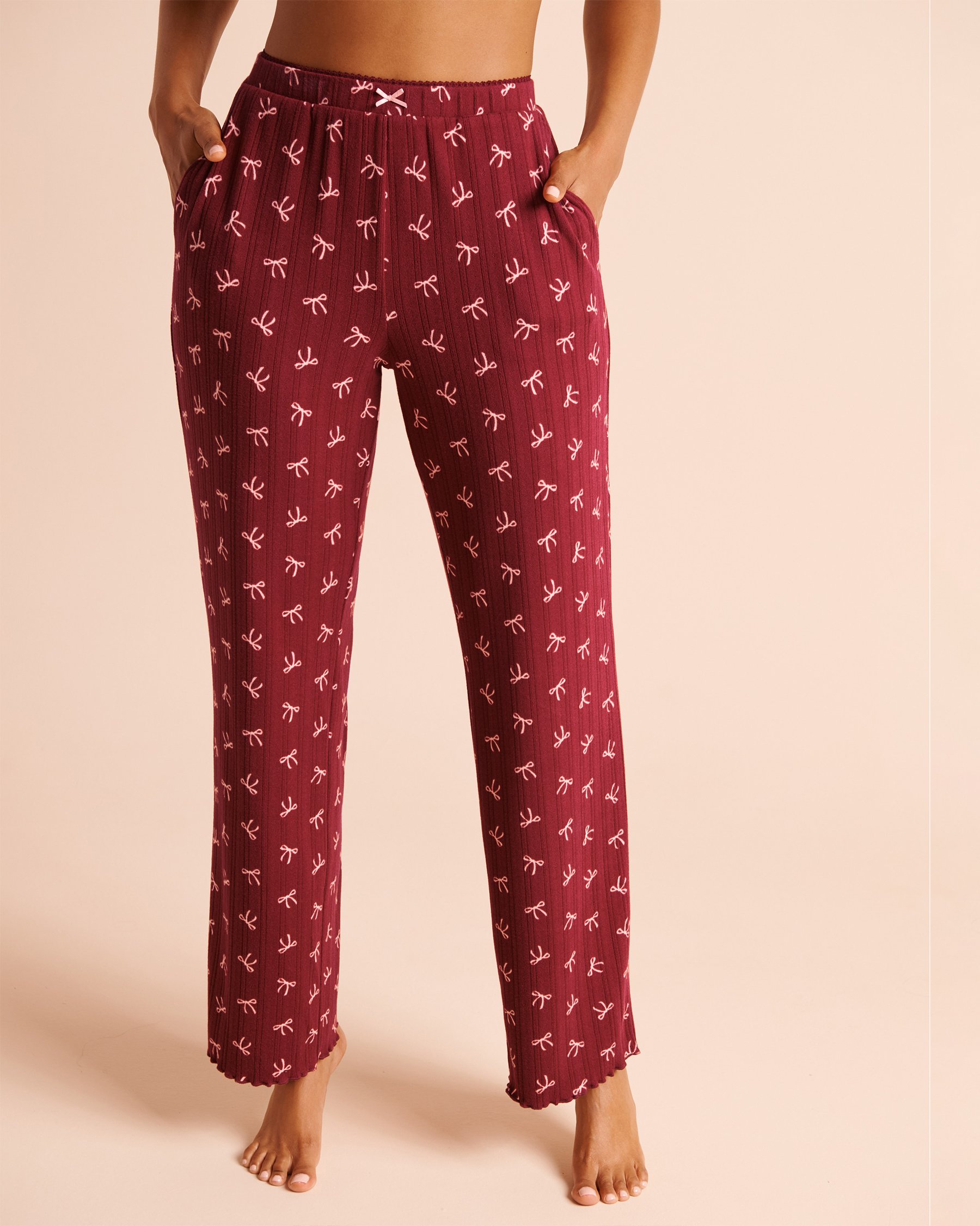 LA VIE EN ROSE Pantalon de pyjama en pointelle brossée imprimé nœuds Rouge/Nœuds 40200917 - View1