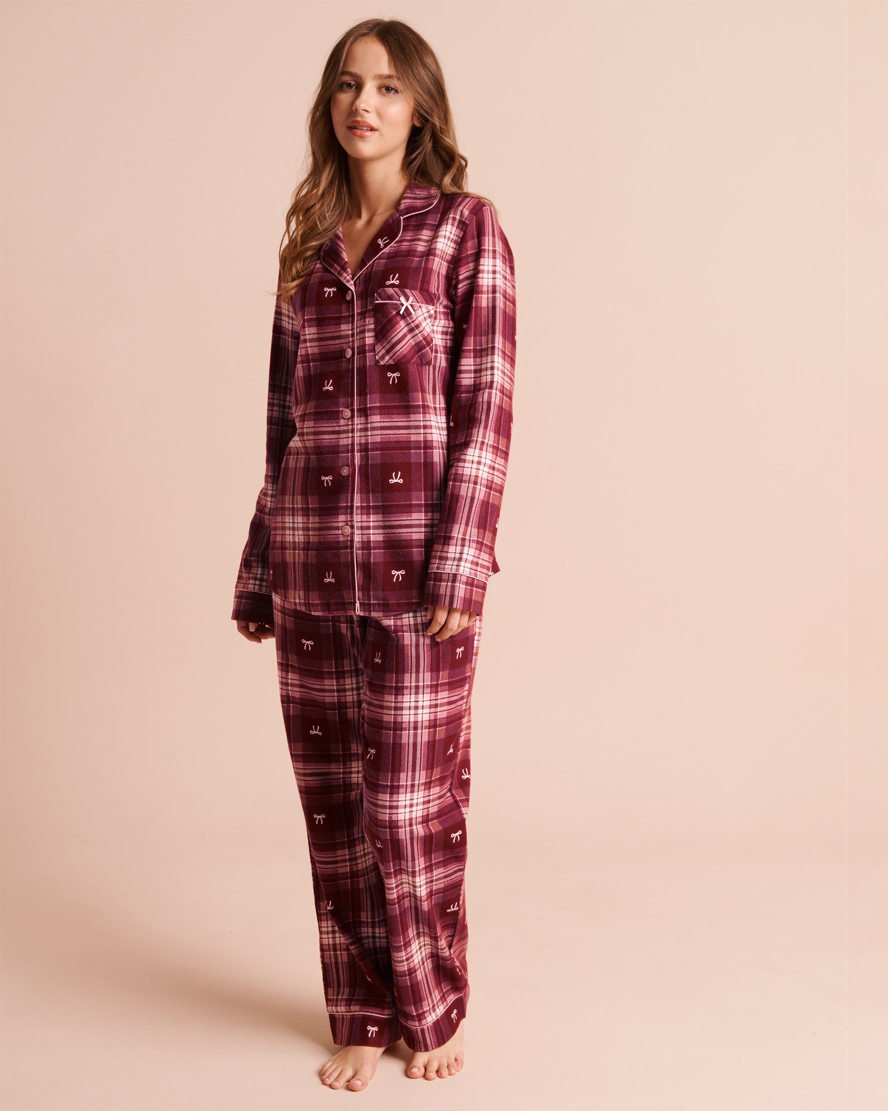 LA VIE EN ROSE Bow & Plaid Print Flannel Pajama Set Burgundy/Plaid 40400103 - View4