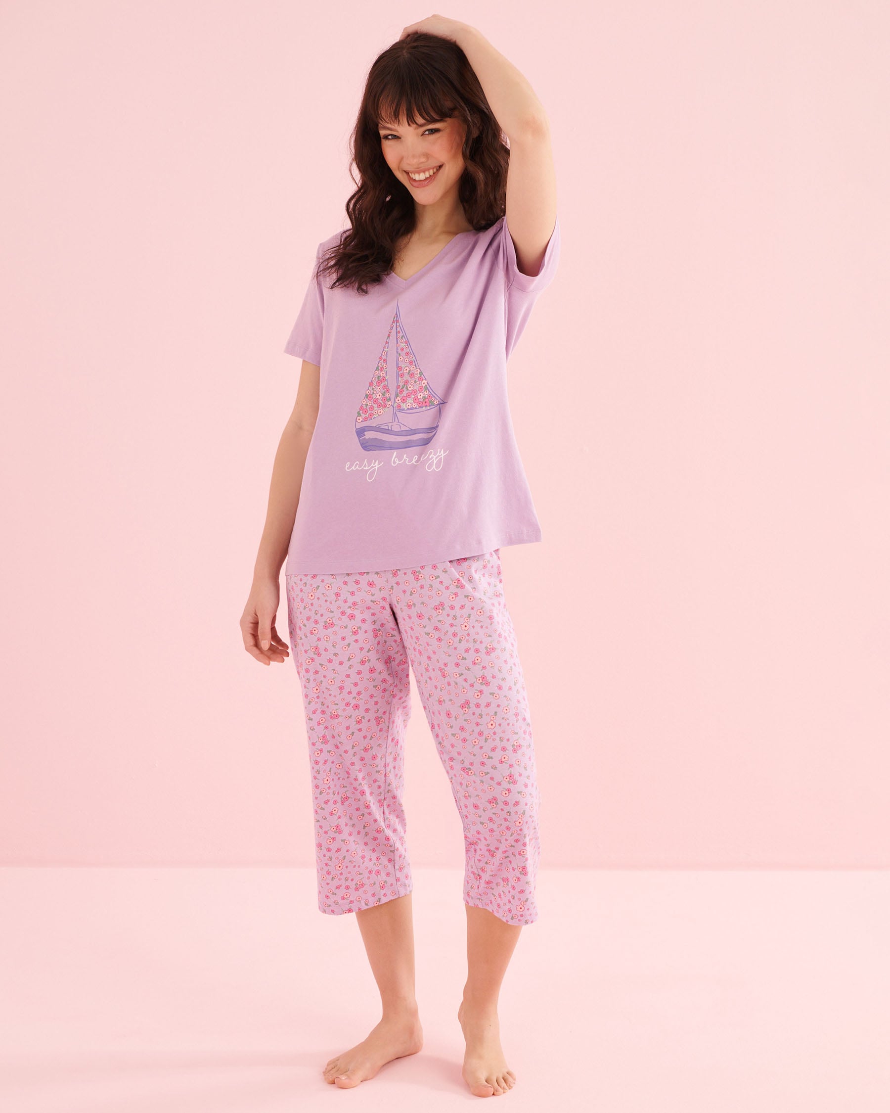 LA VIE EN ROSE Boat Print Cotton T-shirt and Capris PJ Set Lilac Purple 40400097 - View1