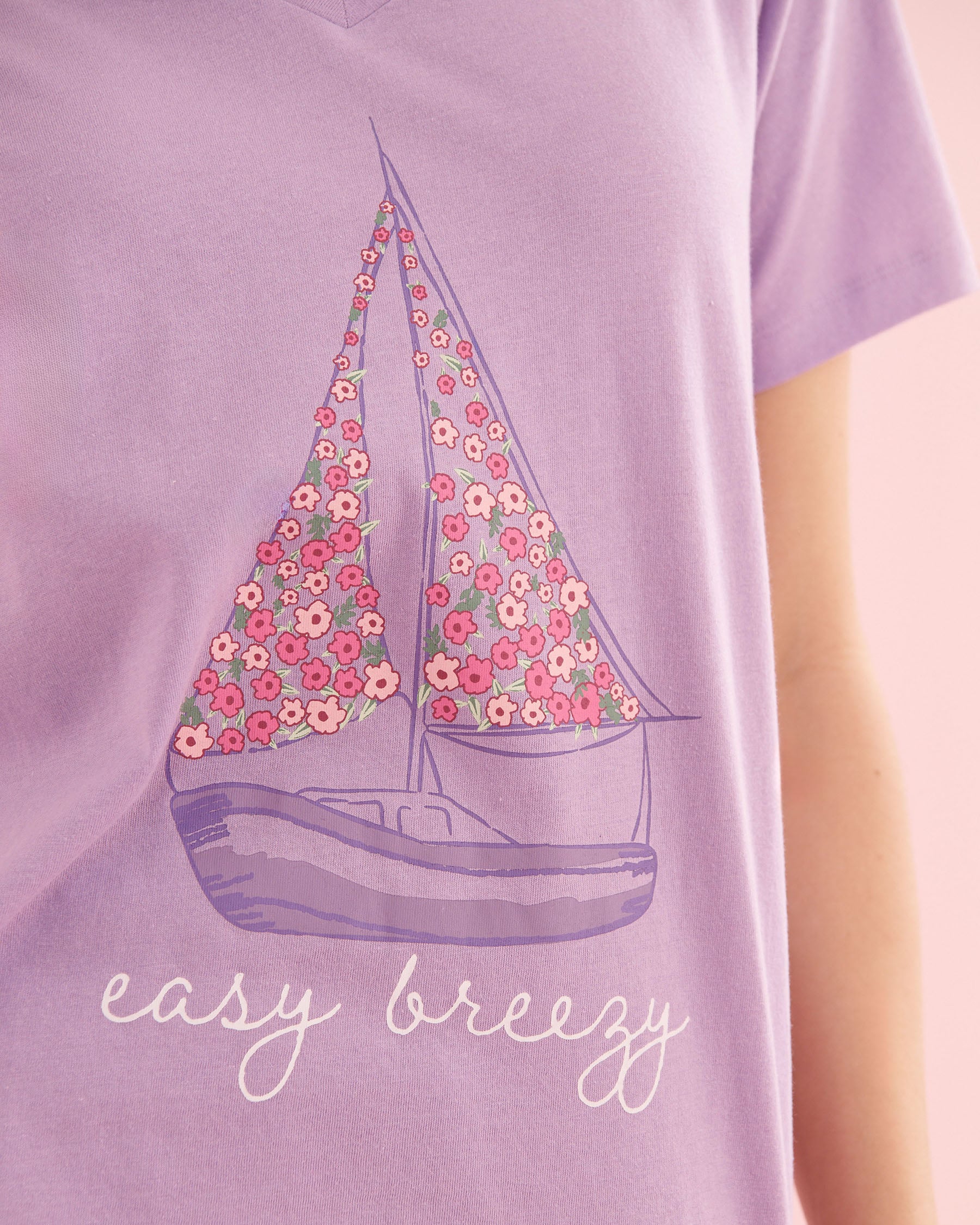 LA VIE EN ROSE Boat Print Cotton T-shirt and Capris PJ Set Lilac Purple 40400097 - View3