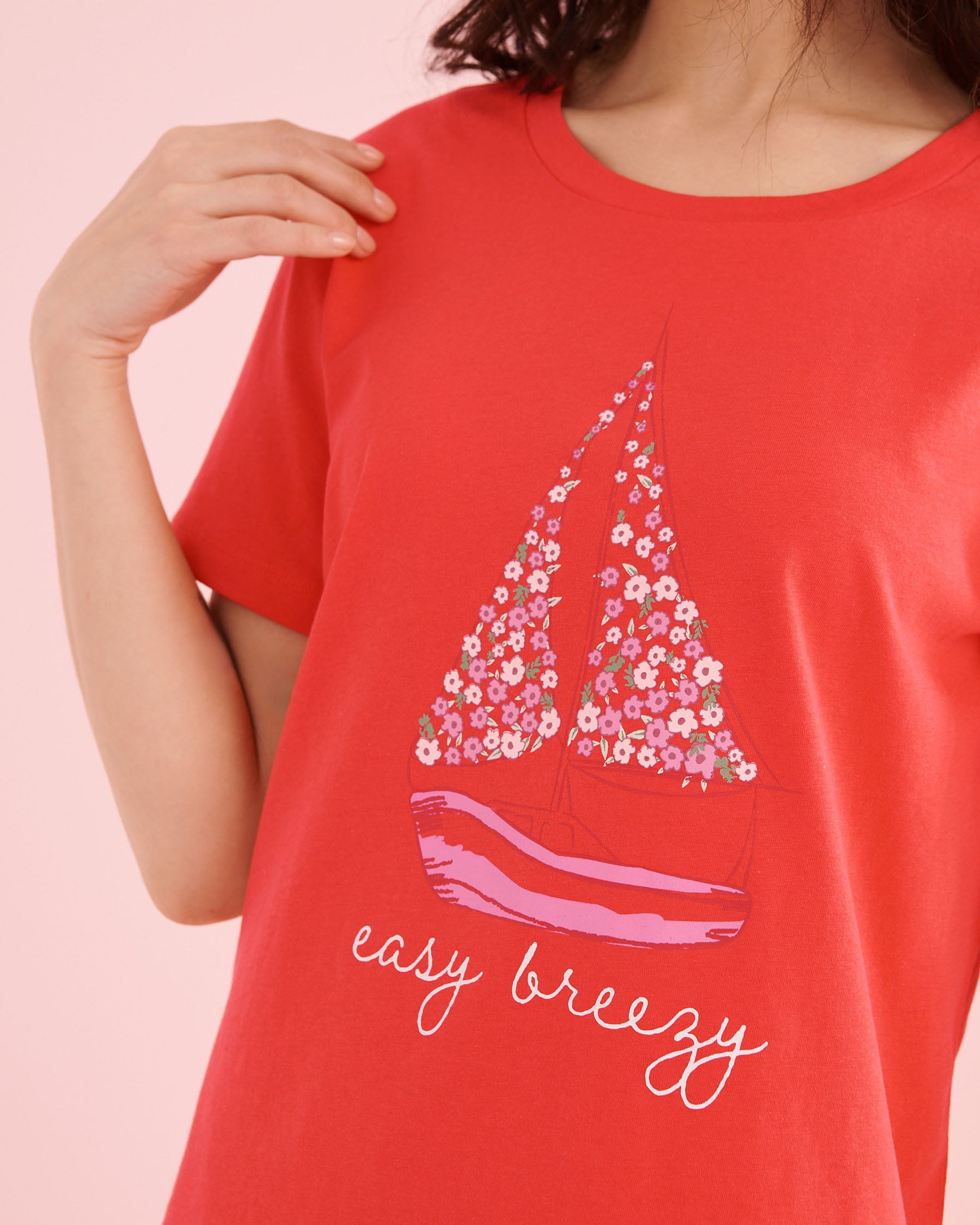 LA VIE EN ROSE Boat Print Cotton T-shirt and Shorts PJ Set Red 40400099 - View3