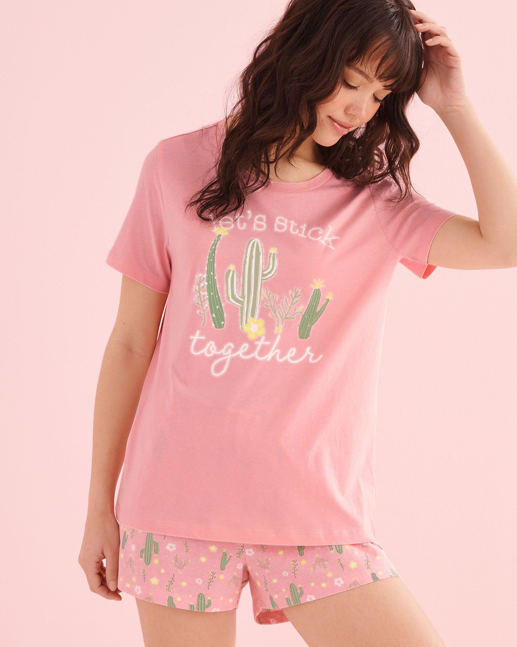 LA VIE EN ROSE Cactus Print Cotton T-shirt and Shorts PJ Set Light Pink 40400099 - View1