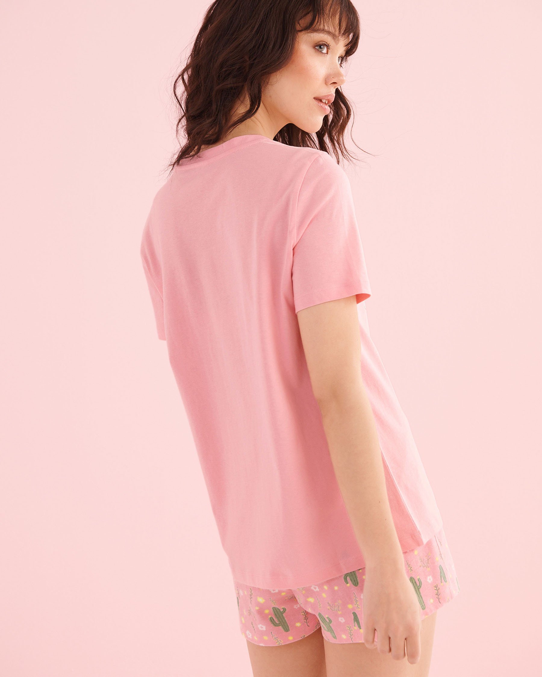 LA VIE EN ROSE Cactus Print Cotton T-shirt and Shorts PJ Set Light Pink 40400099 - View2