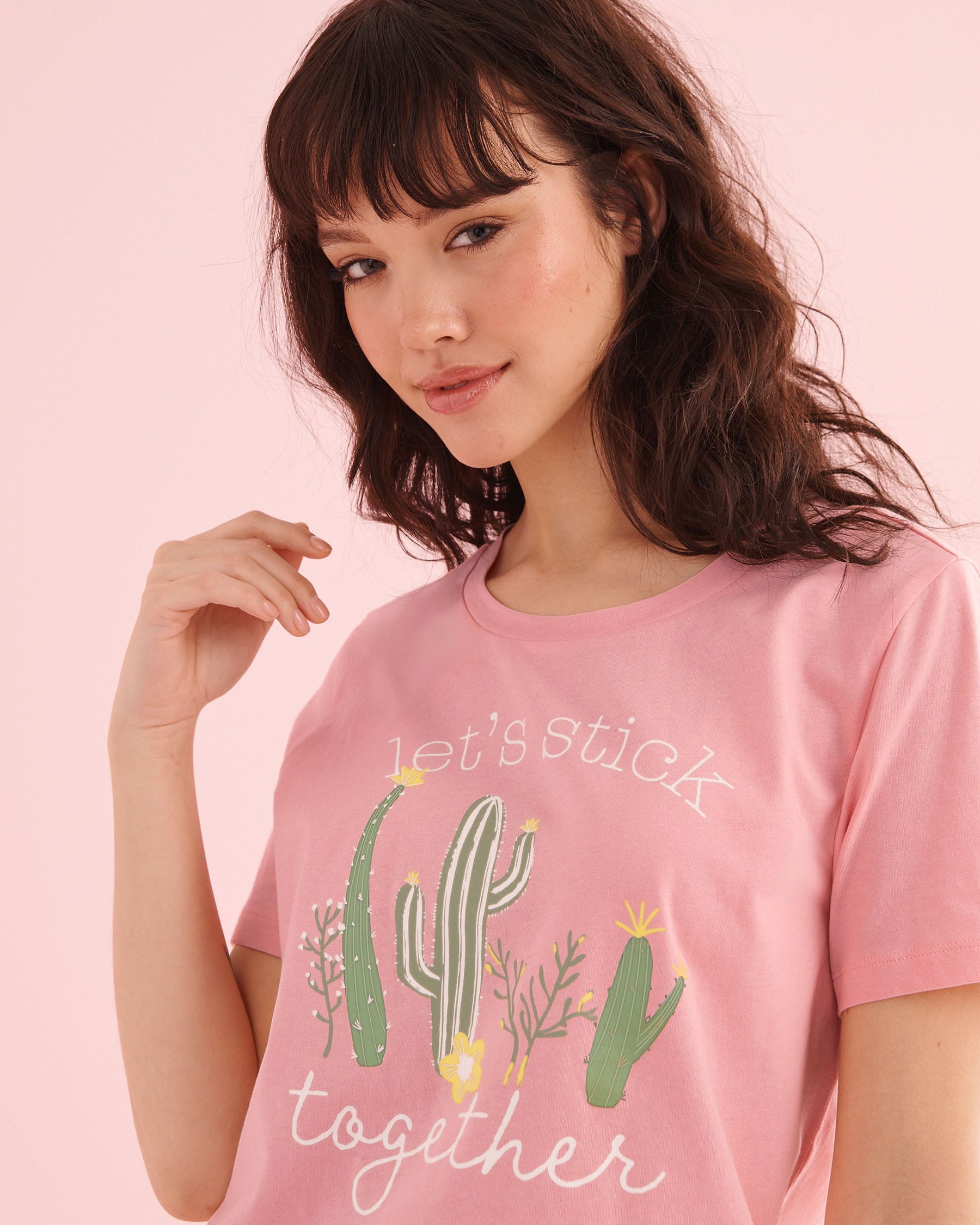LA VIE EN ROSE Cactus Print Cotton T-shirt and Shorts PJ Set Light Pink 40400099 - View3