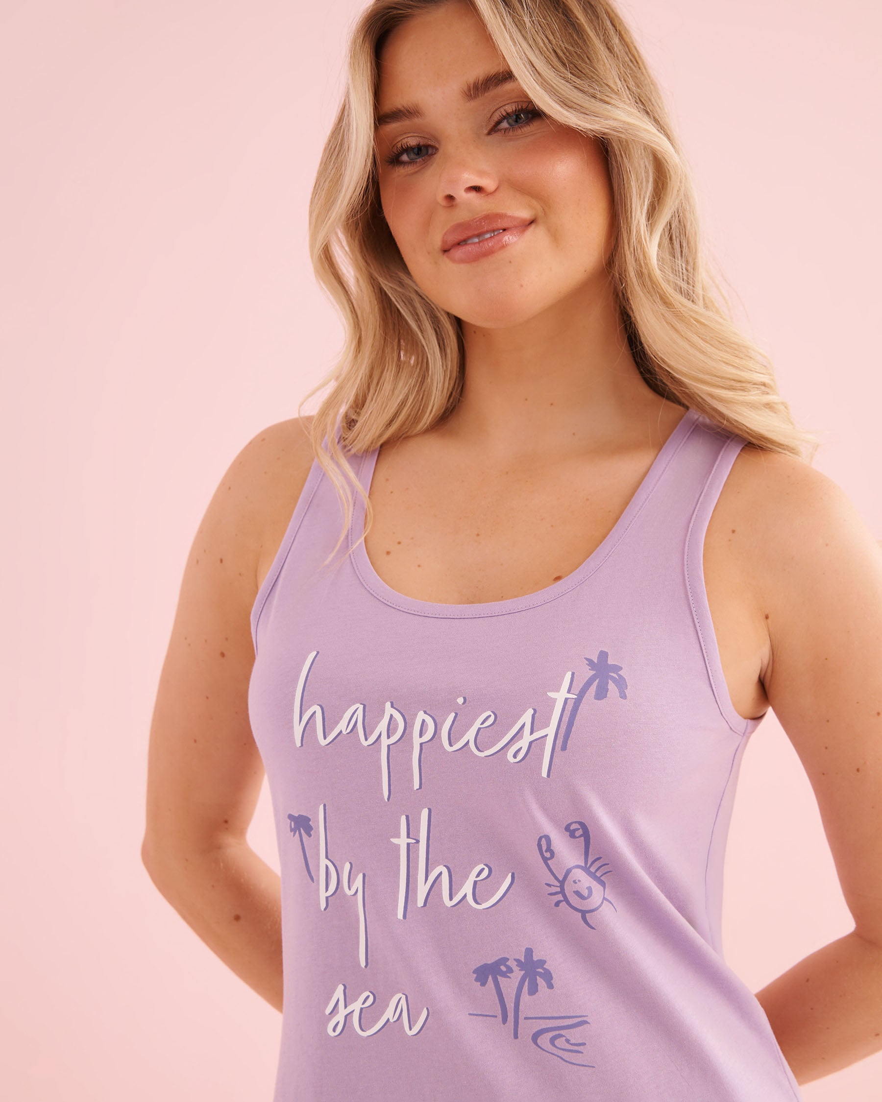 LA VIE EN ROSE Palm Tree & Carb Print Cotton Cami and Shorts PJ Set Lilac Purple 40400098 - View3