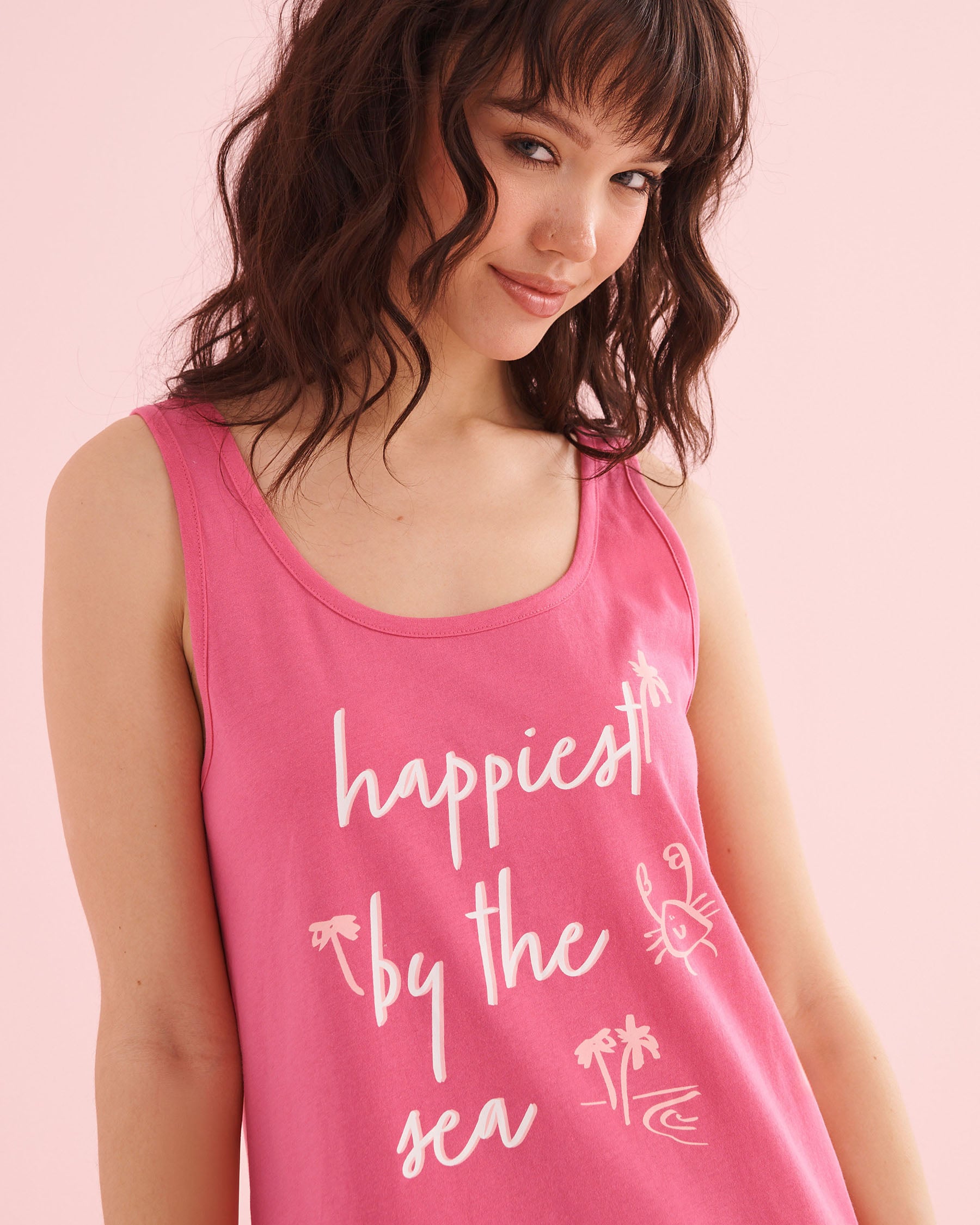 LA VIE EN ROSE Chemise de nuit en coton imprimé palmiers et crabes Rose fuchsia 40500496 - View3