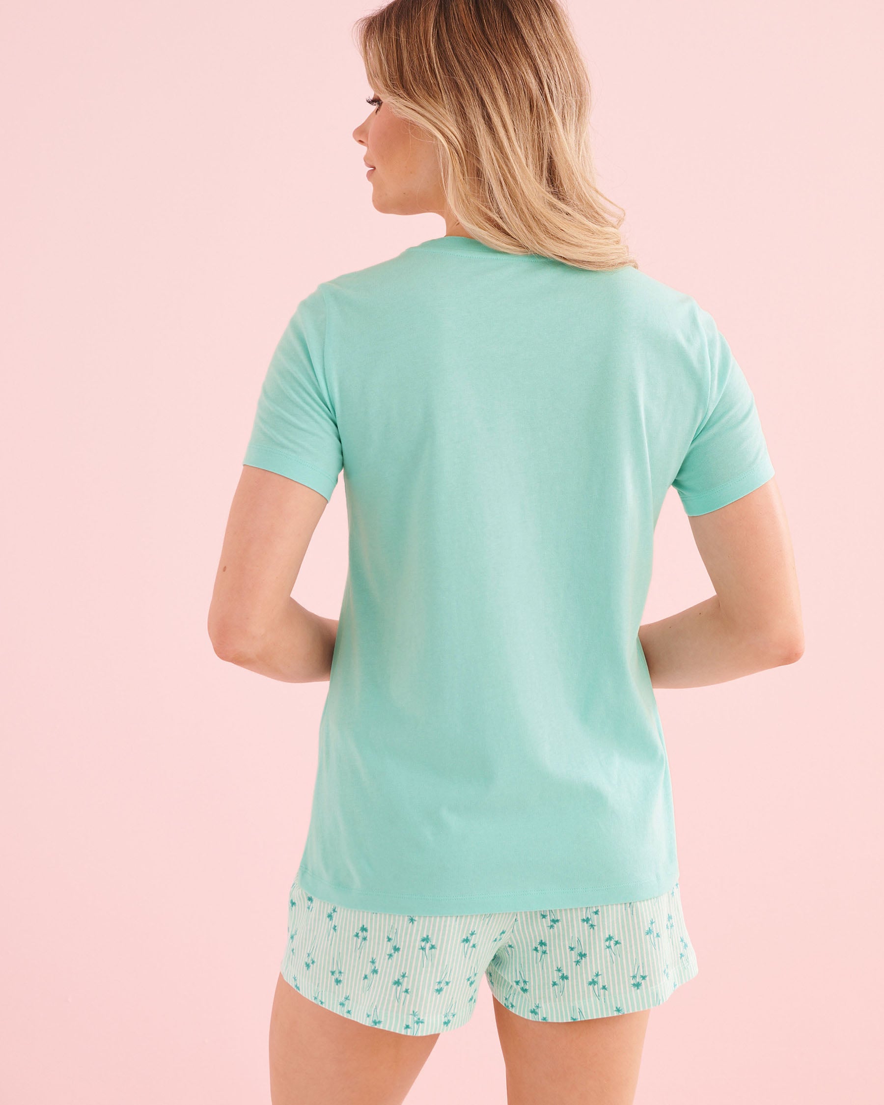LA VIE EN ROSE Ensemble pyjama t-shirt et short en coton imprimé palmiers et coquillages Bleu turquoise 40400099 - View2