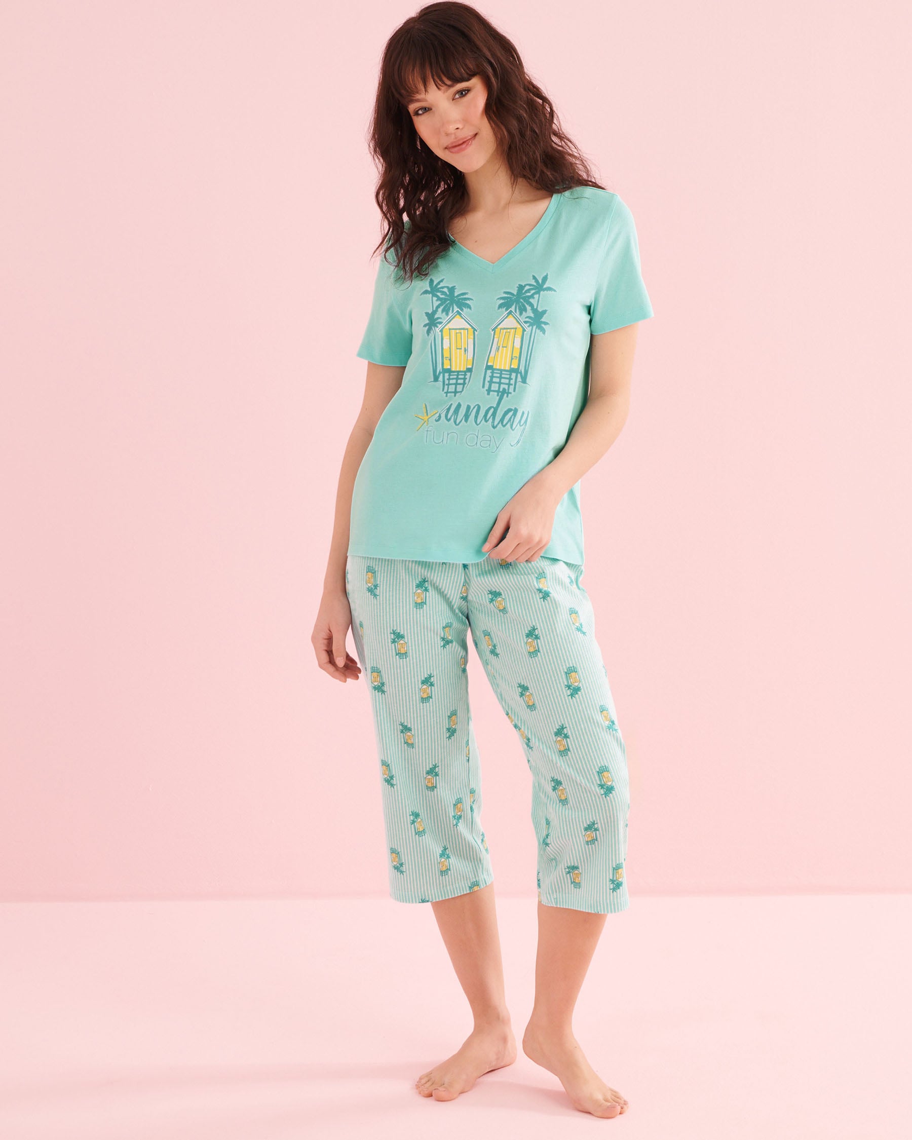 LA VIE EN ROSE Sea Cabin Print Cotton T-shirt and Capris PJ Set Turquoise Blue 40400097 - View1