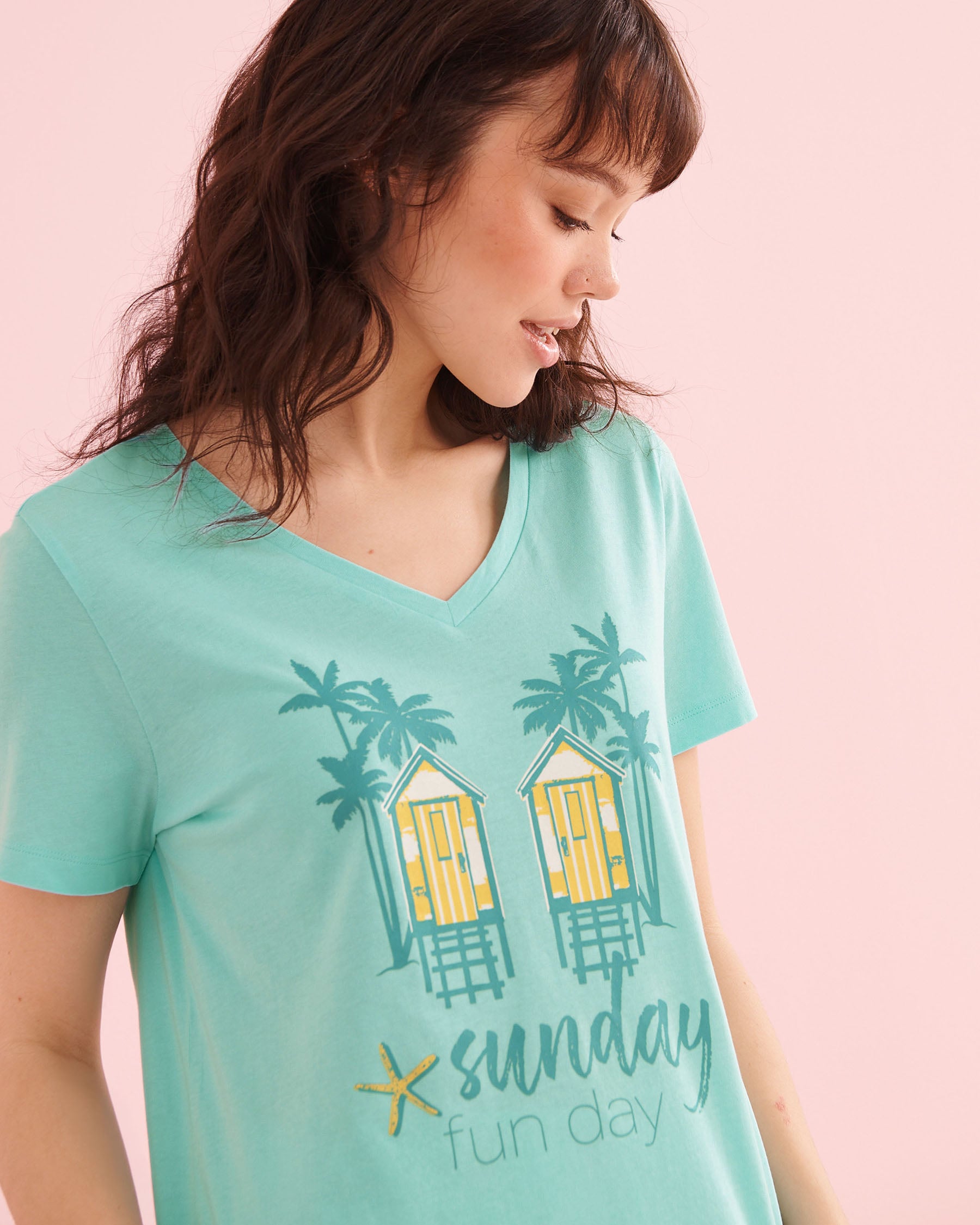 LA VIE EN ROSE Sea Cabin Print Cotton T-shirt and Capris PJ Set Turquoise Blue 40400097 - View3