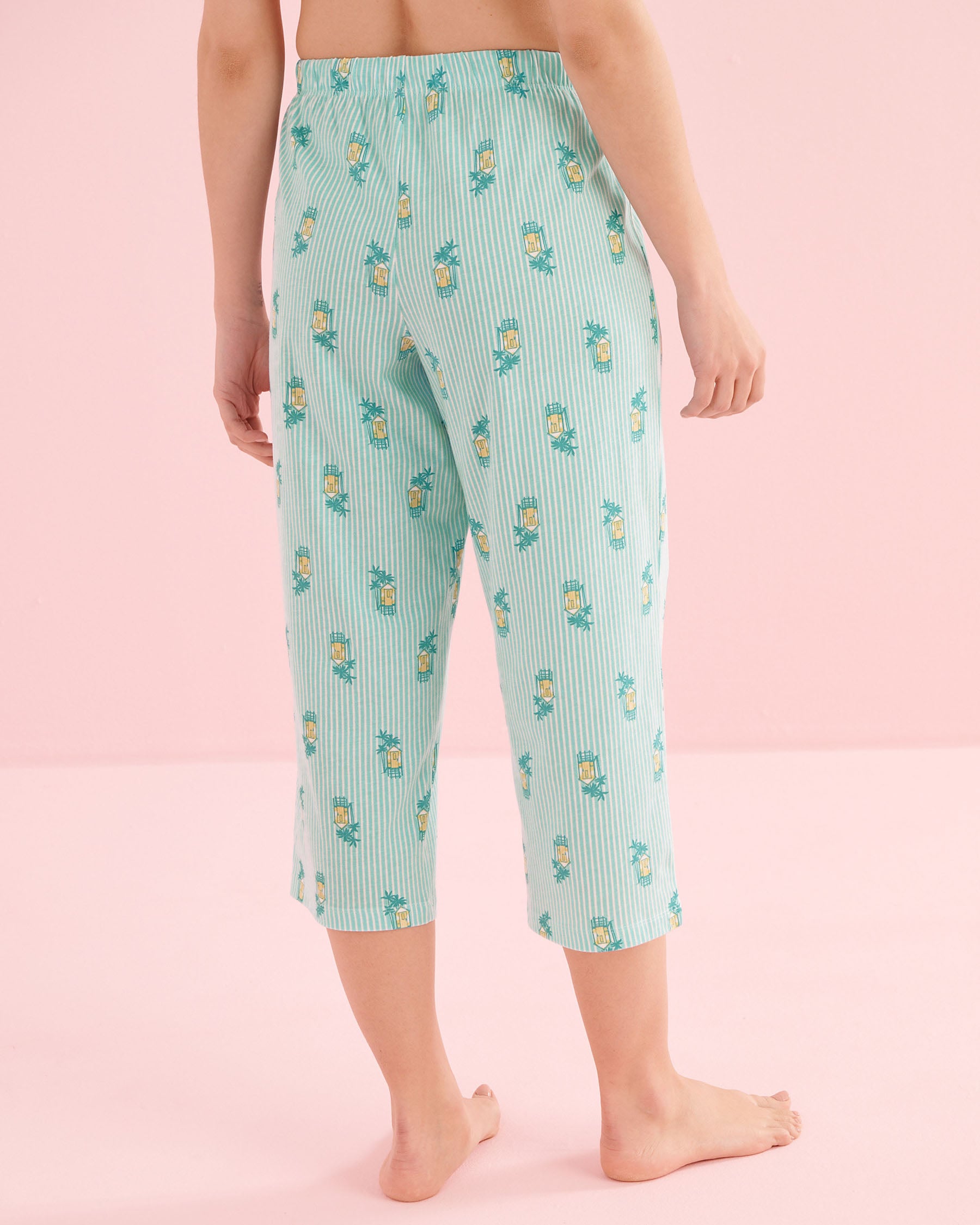 LA VIE EN ROSE Sea Cabin Print Cotton T-shirt and Capris PJ Set Turquoise Blue 40400097 - View5