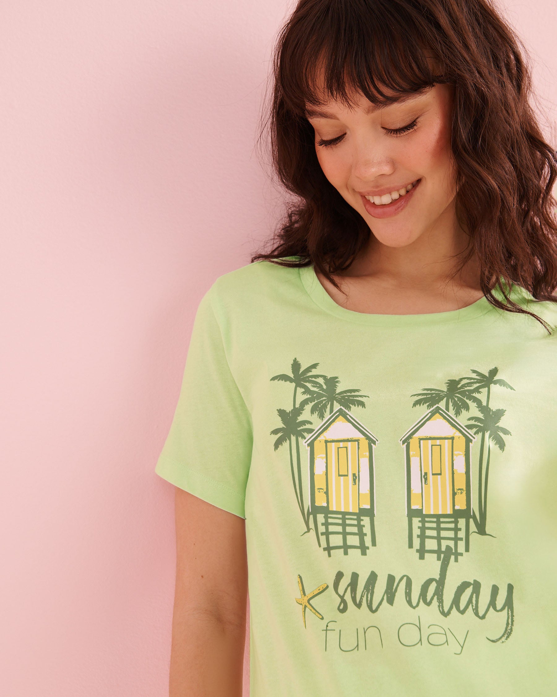 LA VIE EN ROSE Ensemble pyjama t-shirt et short en coton imprimé cabines Vert pâle 40400099 - View3