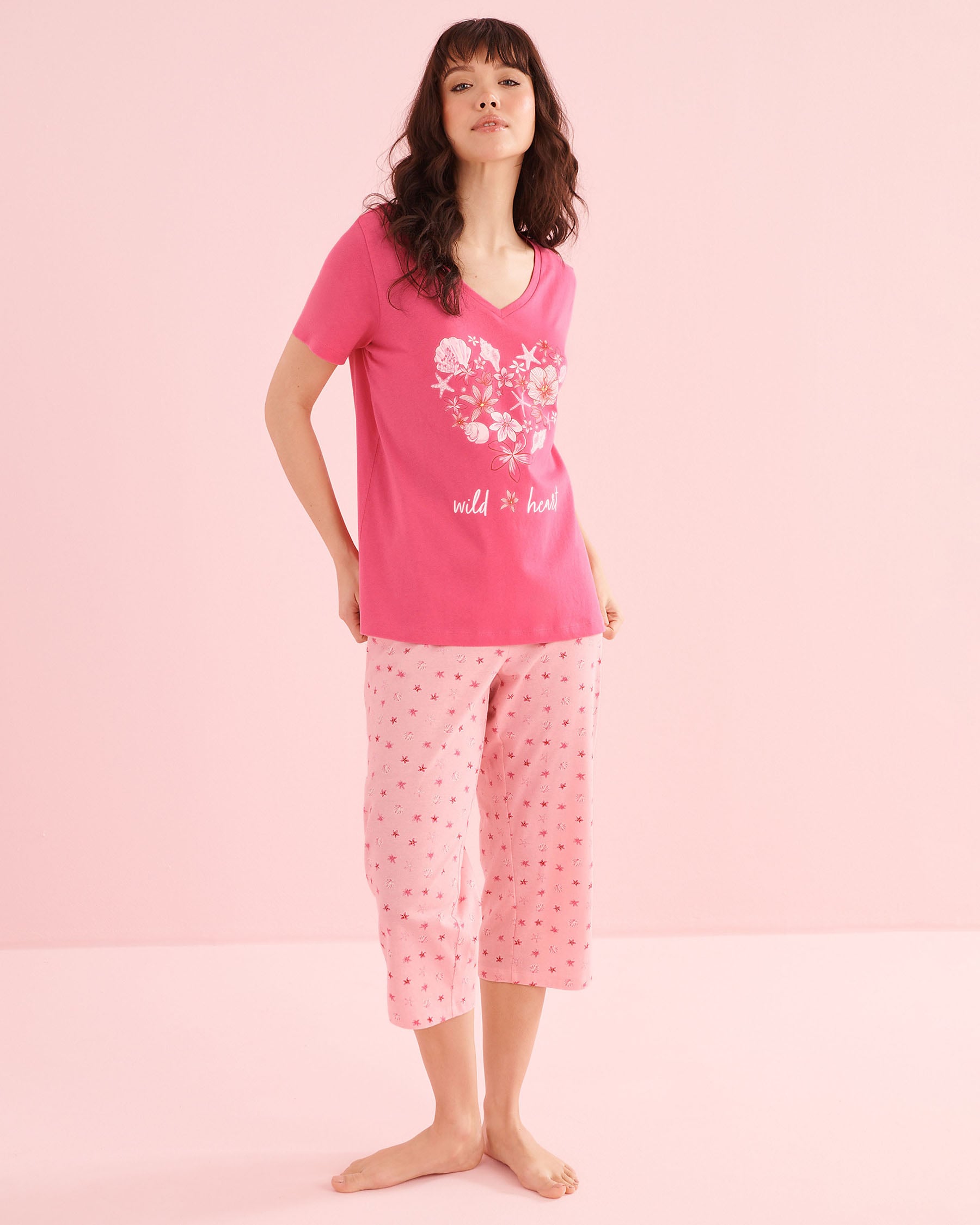LA VIE EN ROSE Tropical Flower Print Cotton T-shirt and Capris PJ Set Fuchsia Pink 40400097 - View1