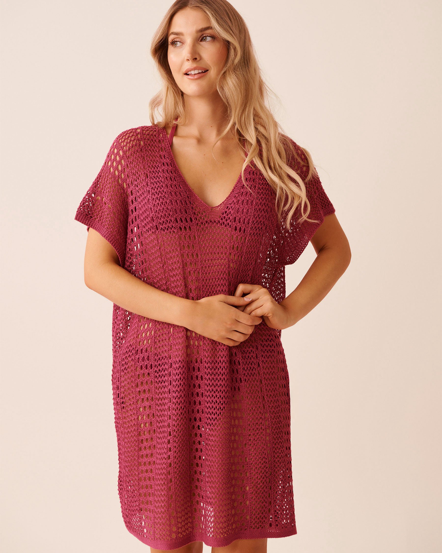 LA VIE EN ROSE AQUA Short Sleeve Crochet Tunic Plum 80400076 - View1