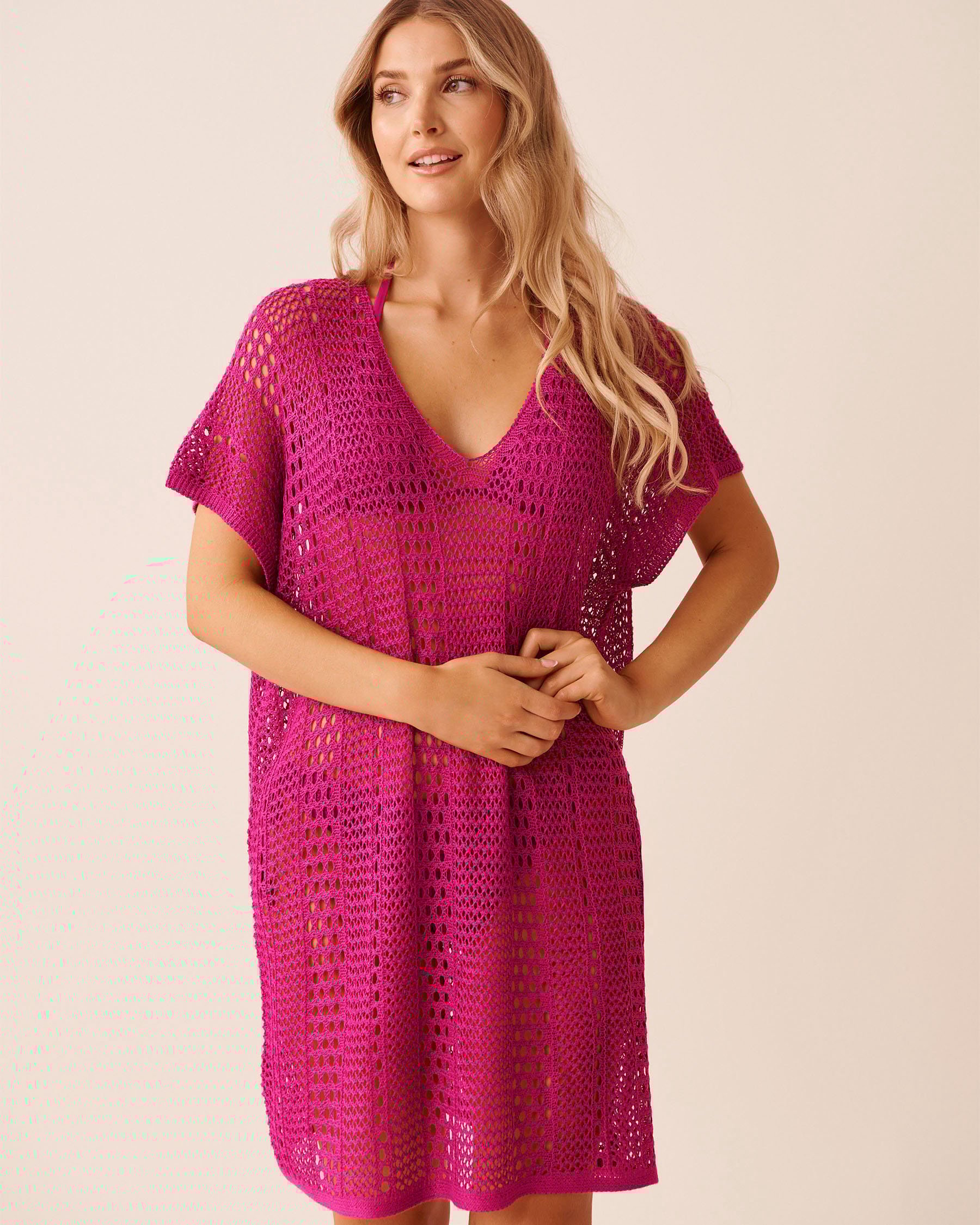 LA VIE EN ROSE AQUA Short Sleeve Crochet Tunic Plum 80400076 - View1