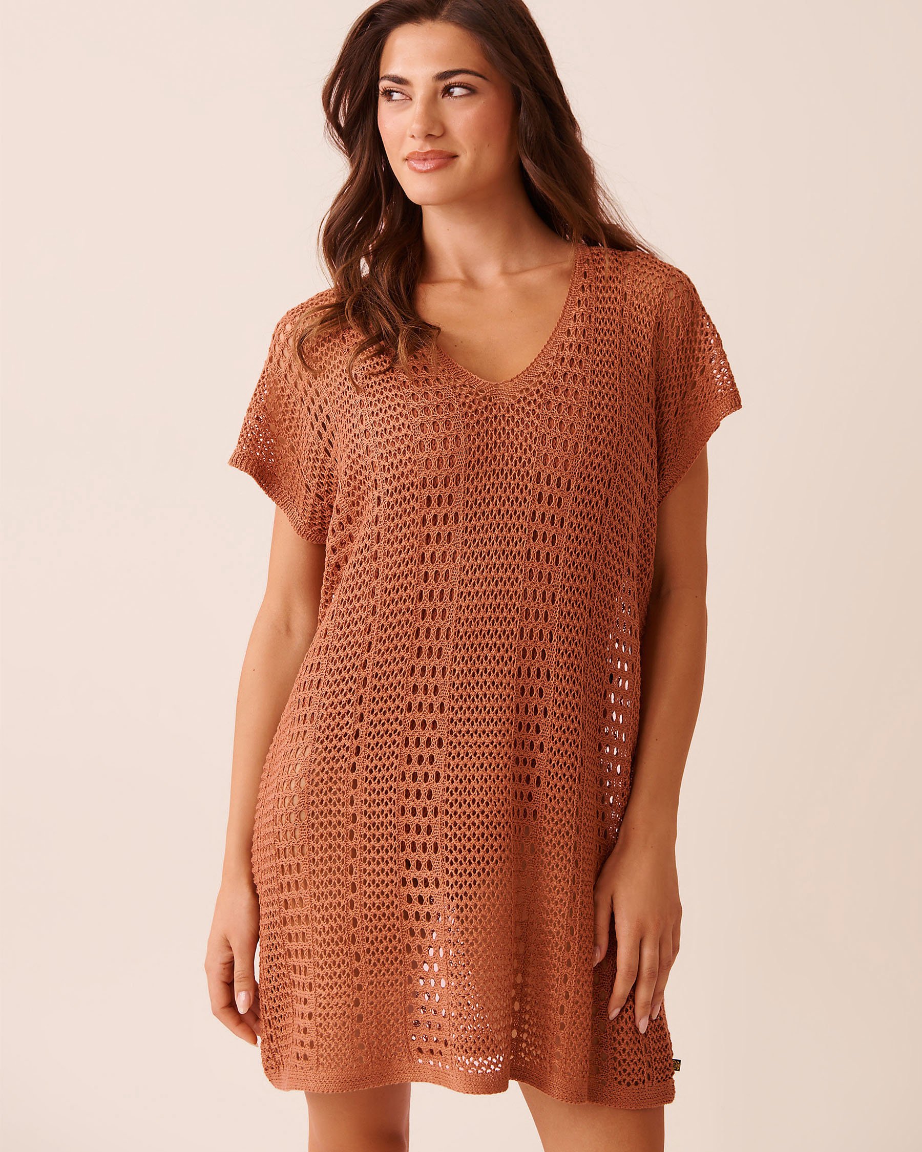 LA VIE EN ROSE AQUA Short Sleeve Crochet Tunic Terracotta 80400076 - View1