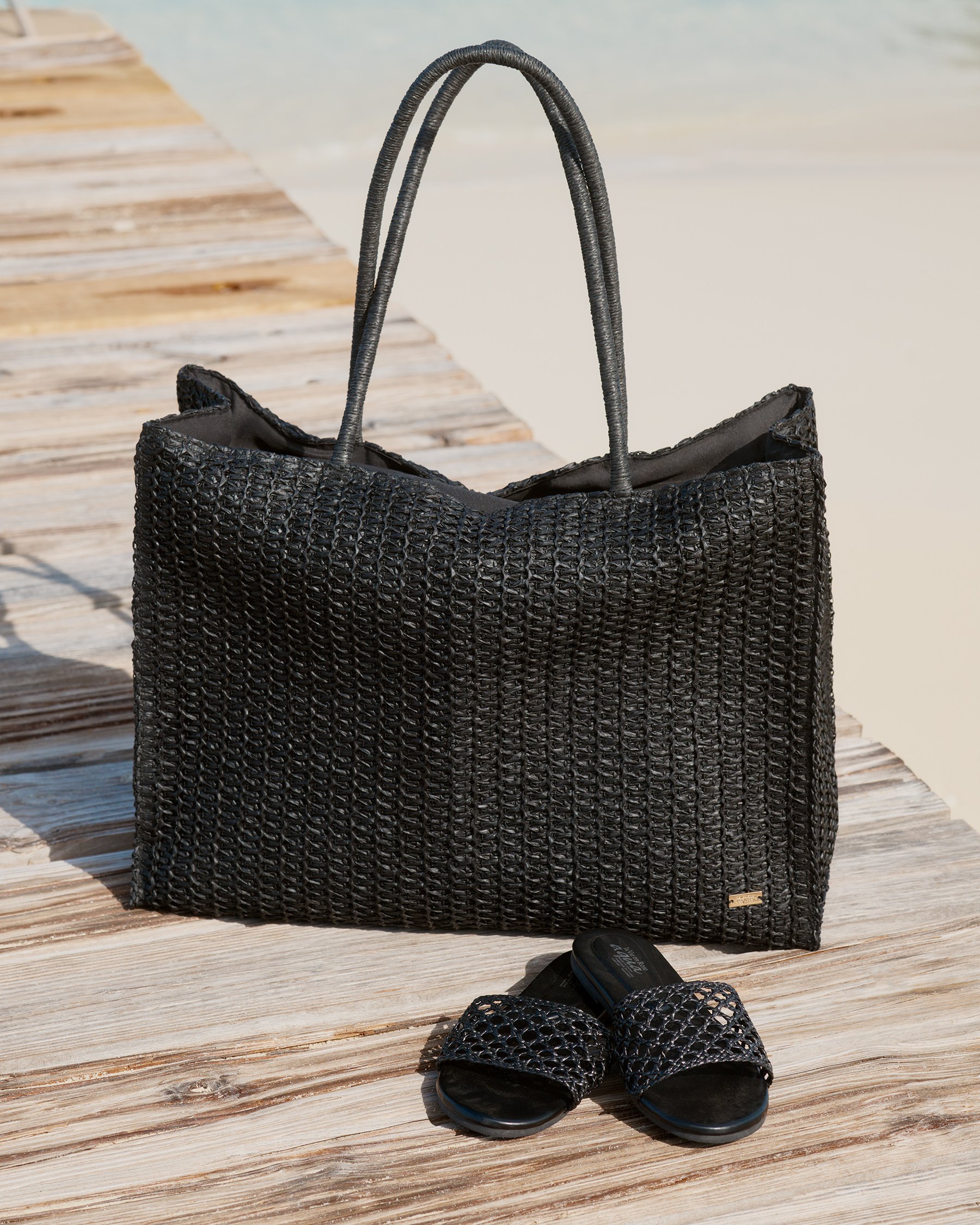 LA VIE EN ROSE AQUA Straw Tote Bag Black 80500124 - View1