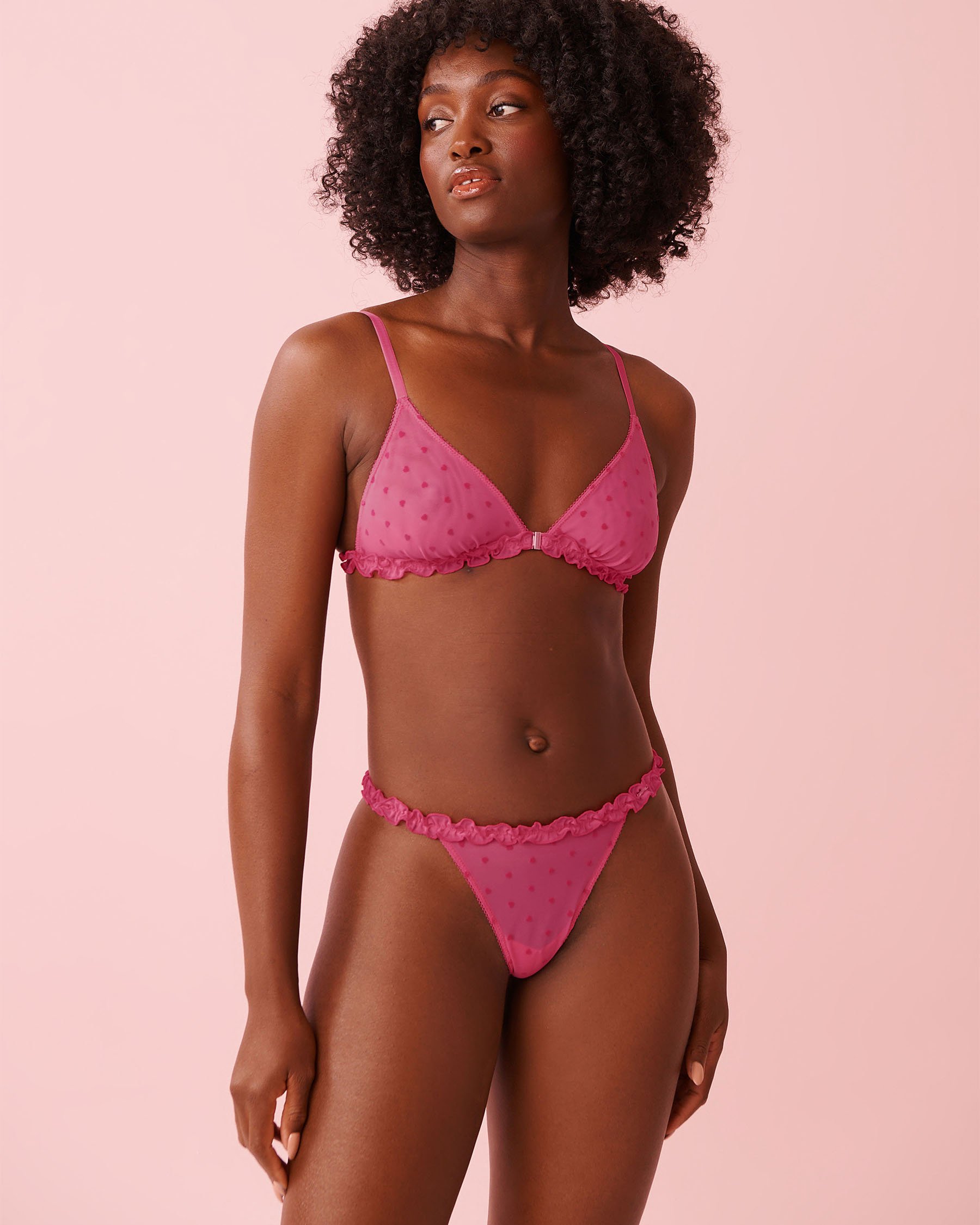 LA VIE EN ROSE Front Closure Heart Mesh and Ruffle Bralette Fuchsia Pink 10100203 - View1