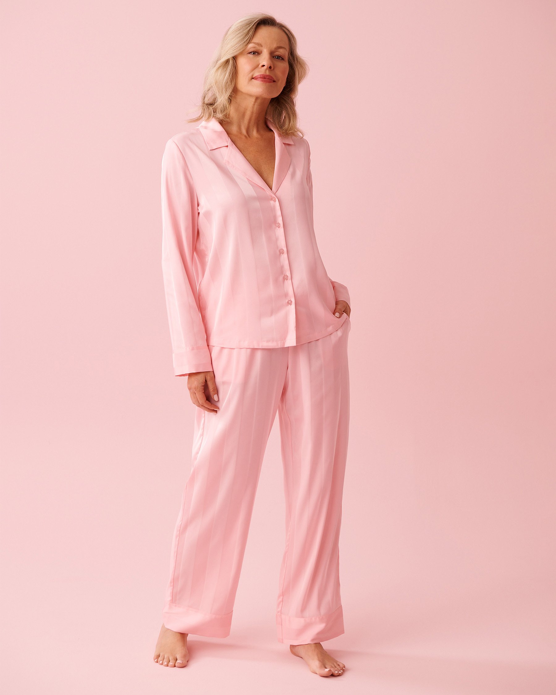 LA VIE EN ROSE Striped Long Sleeve Satin Pajama Set Dreamy Pink 60400069 - View1