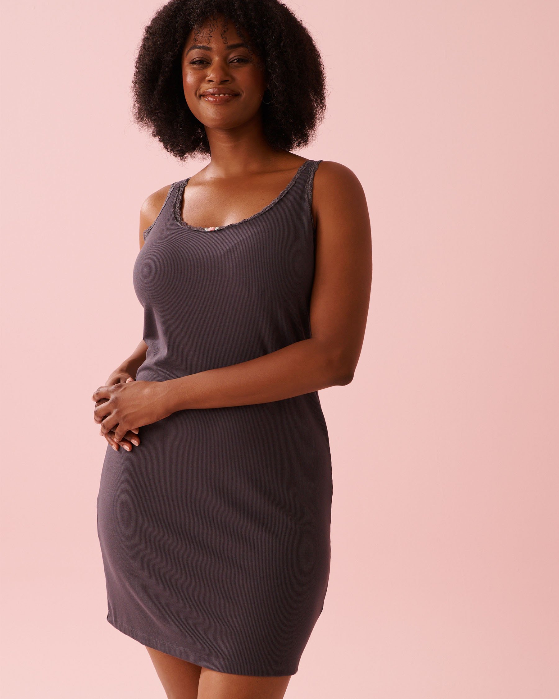 LA VIE EN ROSE Ribbed Modal and Lace Trim Nightie Anthracite 60500221 - View1
