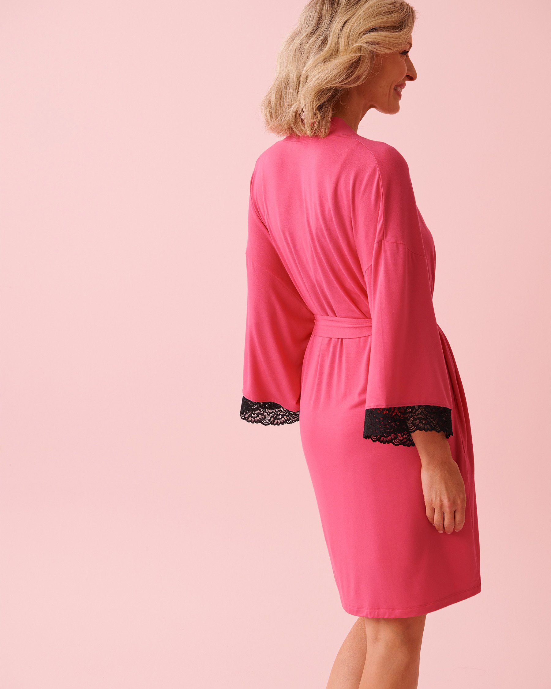 LA VIE EN ROSE Lace Trim Modal Kimono Fuchsia Pink 60600112 - View3