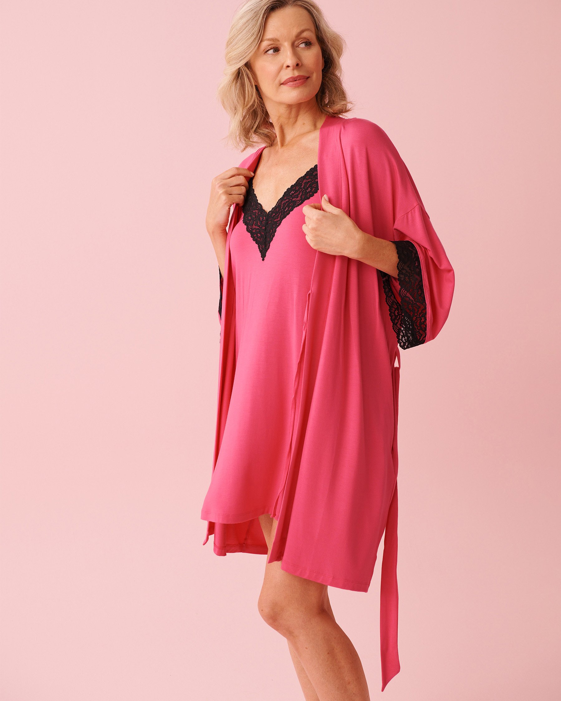 LA VIE EN ROSE Lace Trim Modal Kimono Fuchsia Pink 60600112 - View5