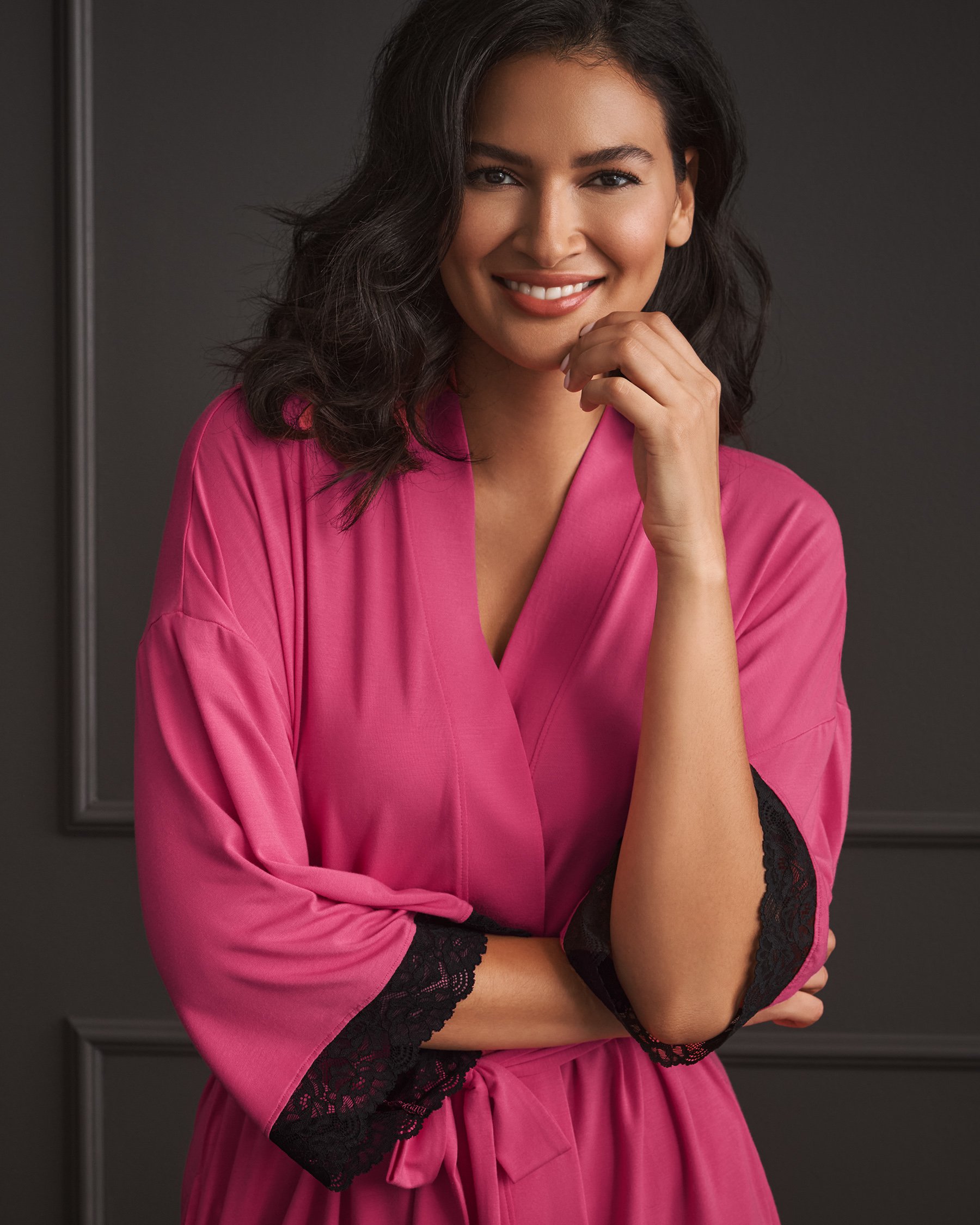 LA VIE EN ROSE Kimono en modal avec bordure en dentelle Rose fuchsia 60600112 - View1